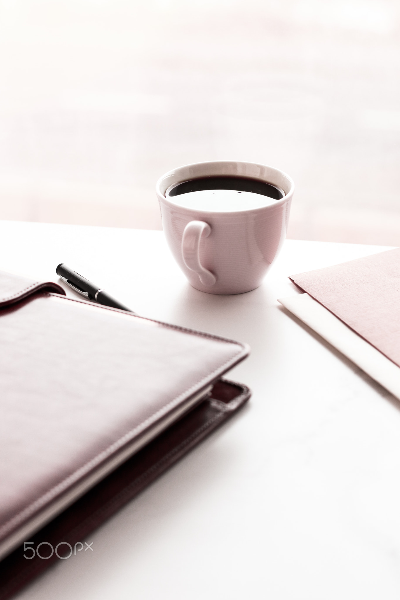 Office table desk and coffee cup, productivity concept