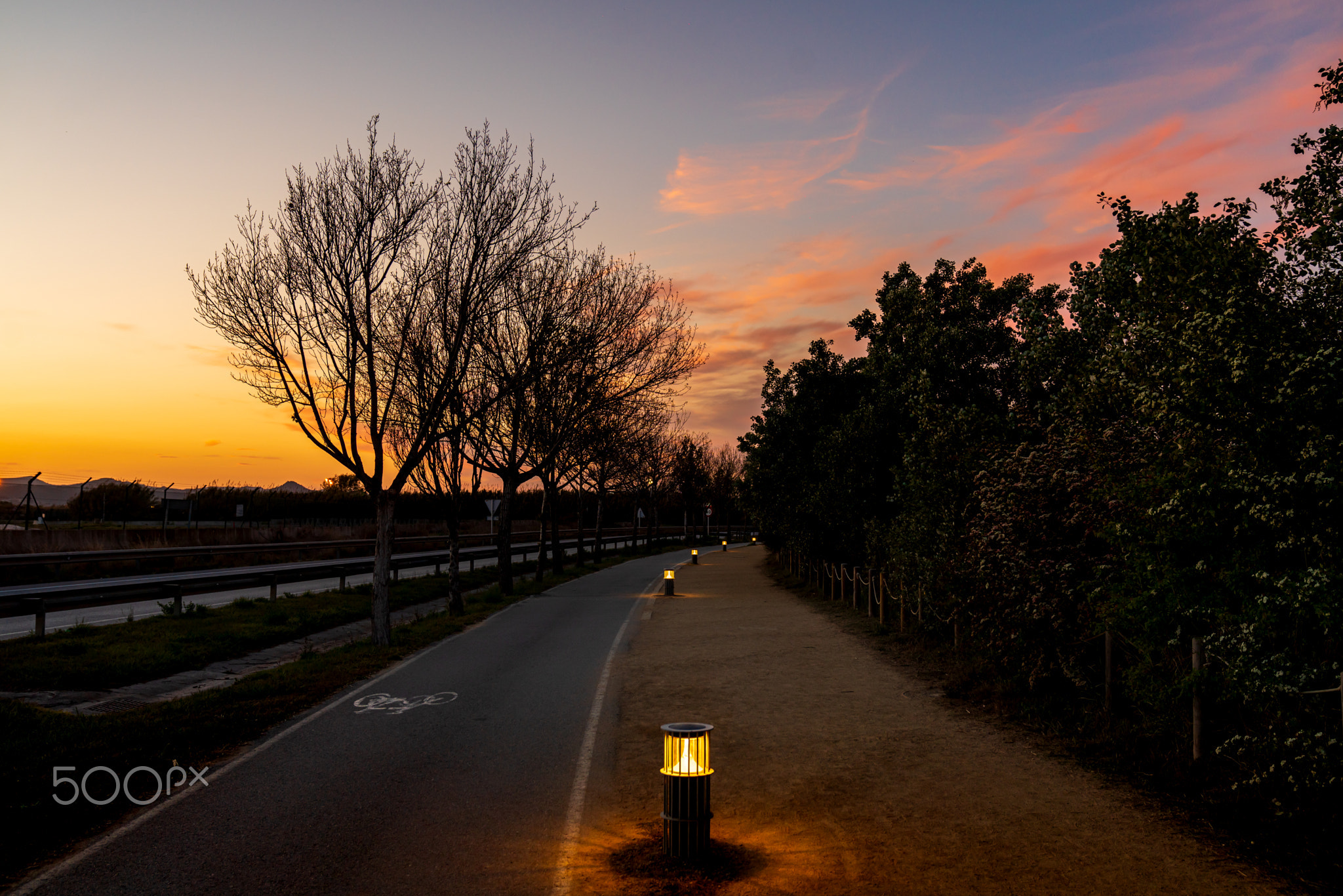 Rural road in the Llobregat delta, in Barcelona. At sunset.