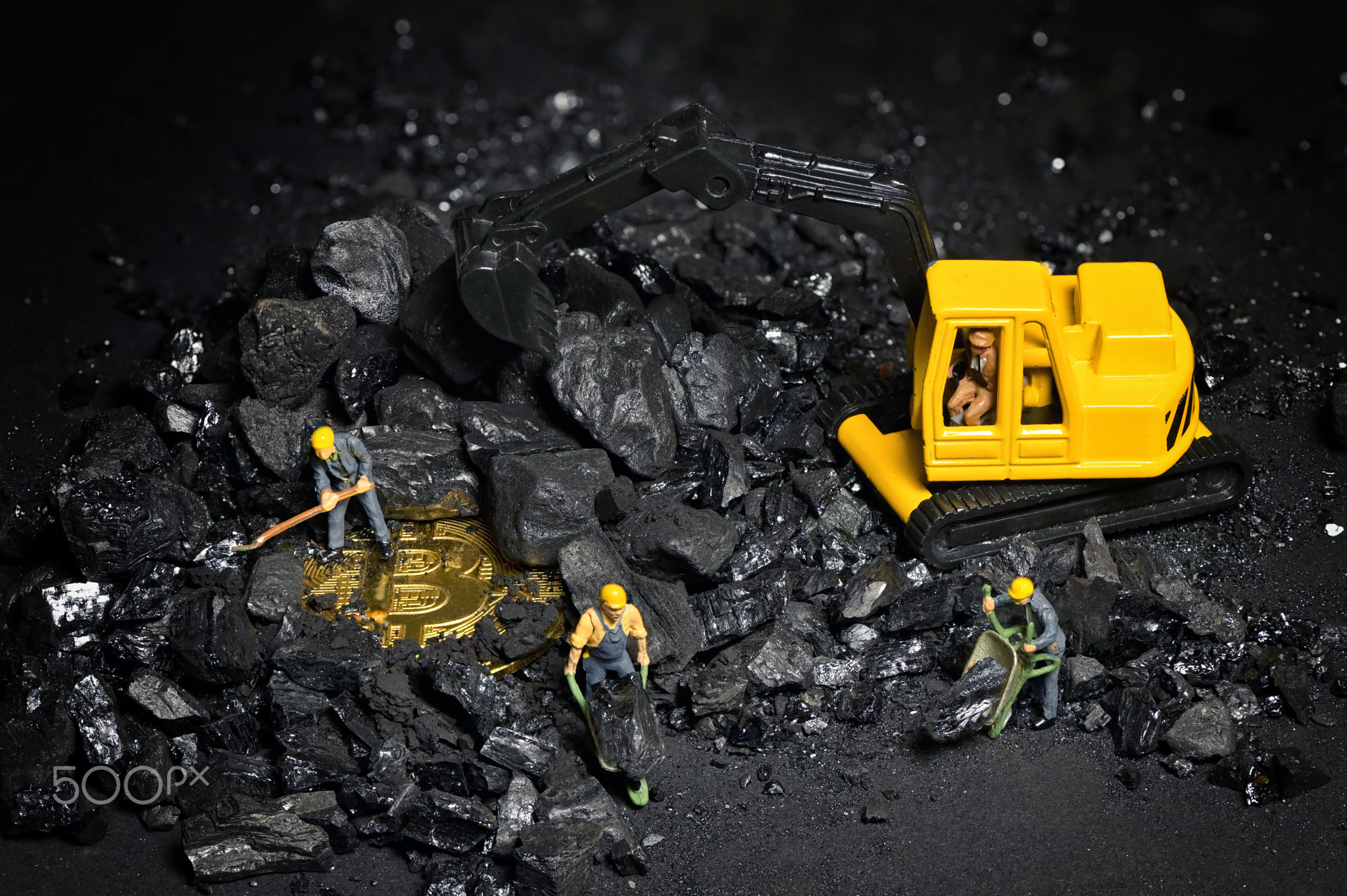 Construction site with miniature workers mining Bitcoin