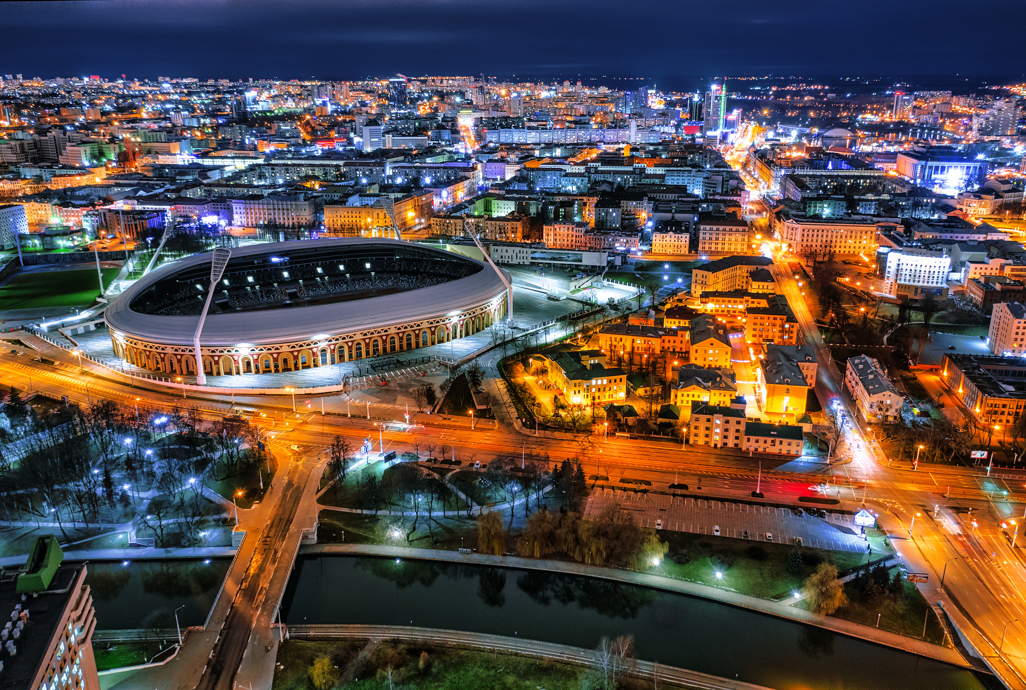 A night aerial view on Stadium Dinamo in Minsk, Belarus