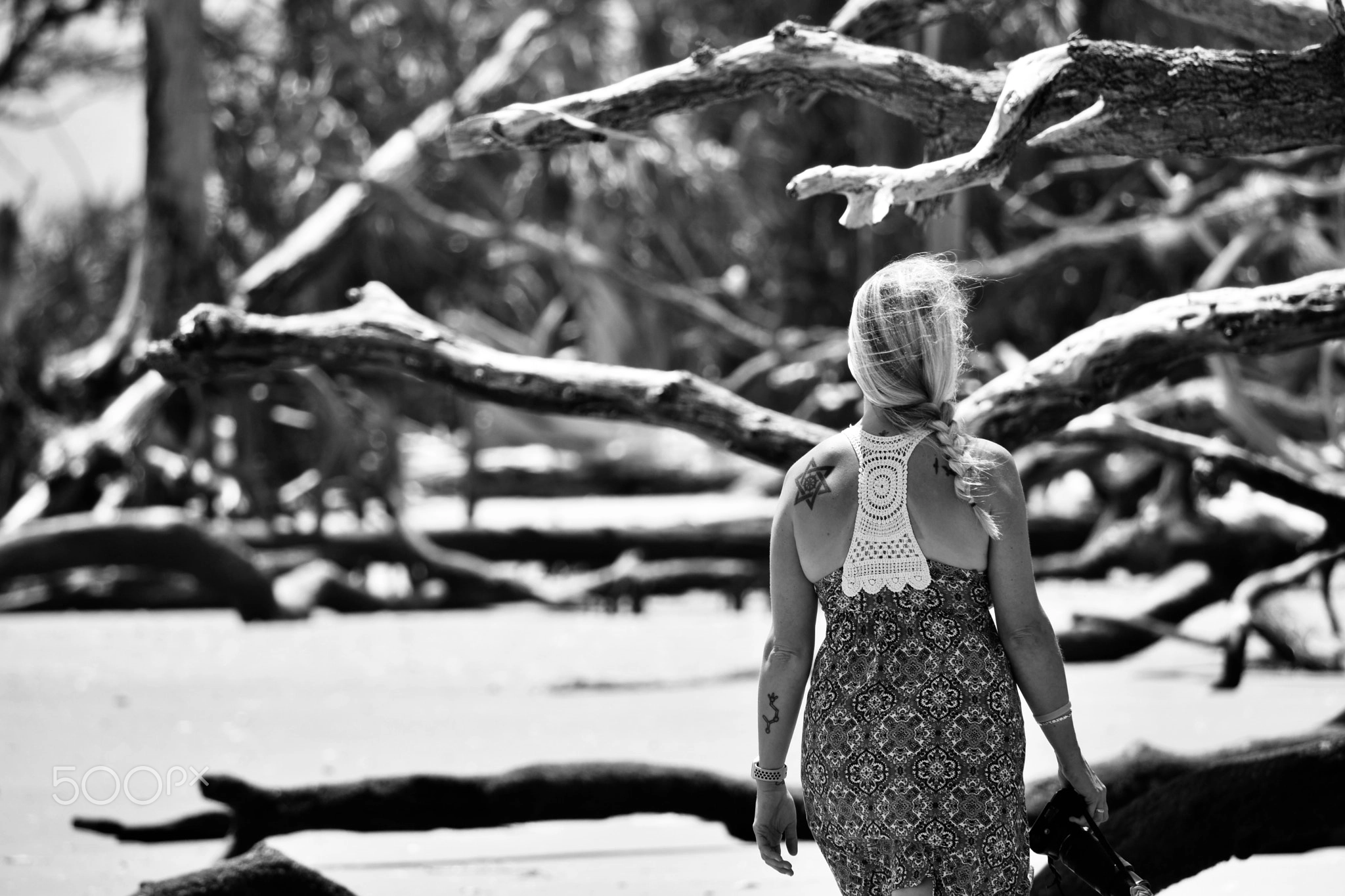 Black and white photographer photoshoot idea on Driftwood Beach with weathered trees and coastal texture