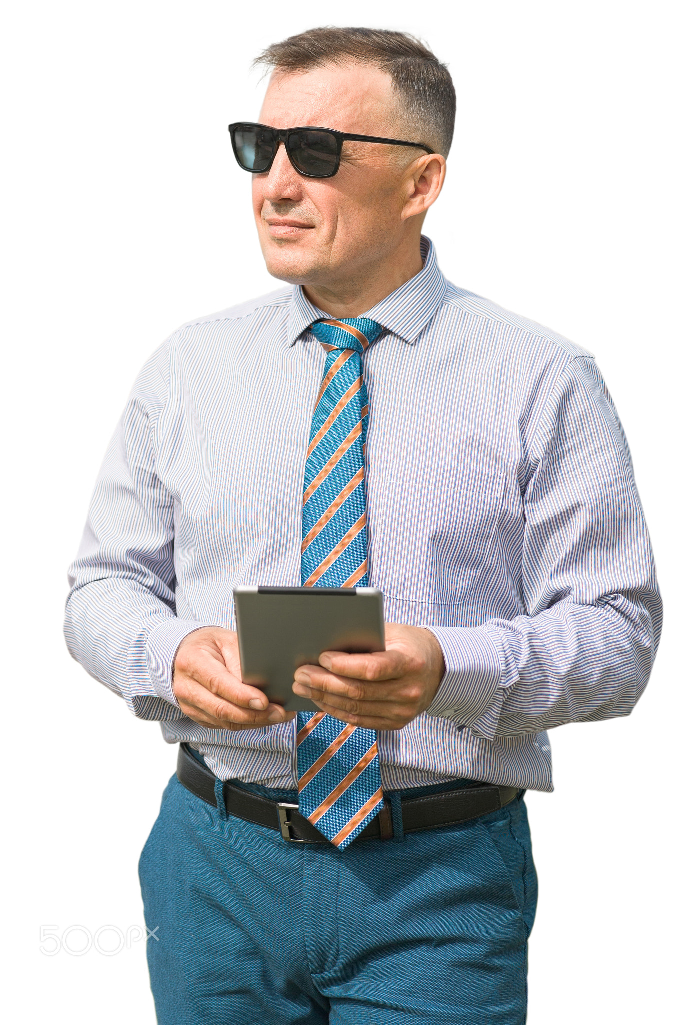 Businessman with tablet in hands on white background isolate