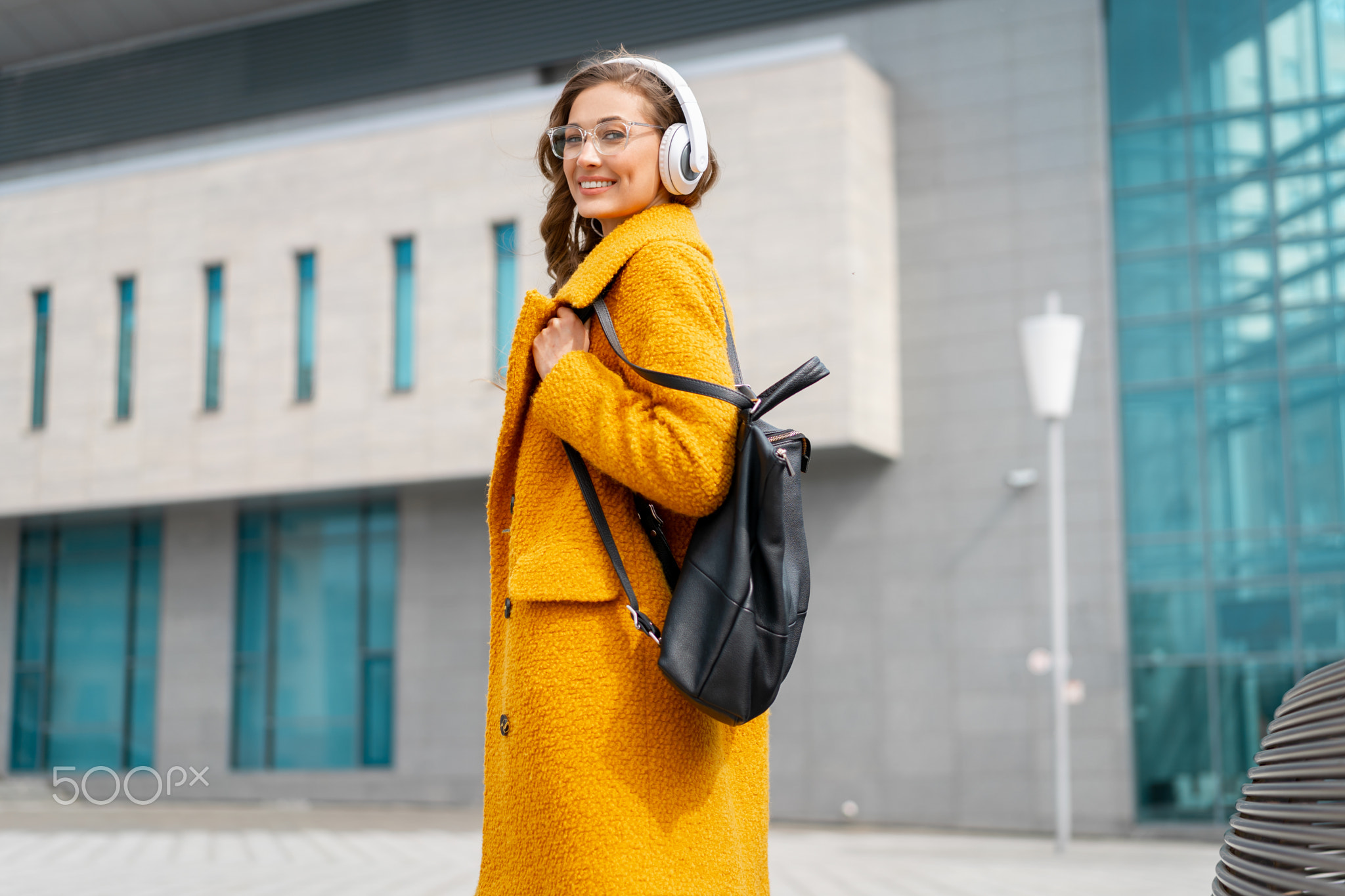 Woman Wear Eyeglasses Listen Music Headphone Walking Outdoor