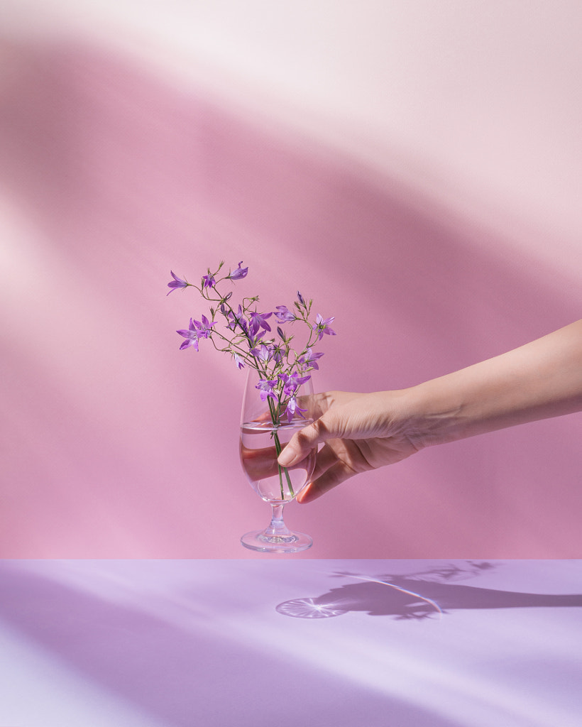 Hand holding glass with transparent liquid and purple flowers. by Jelena Šijak on 500px.com