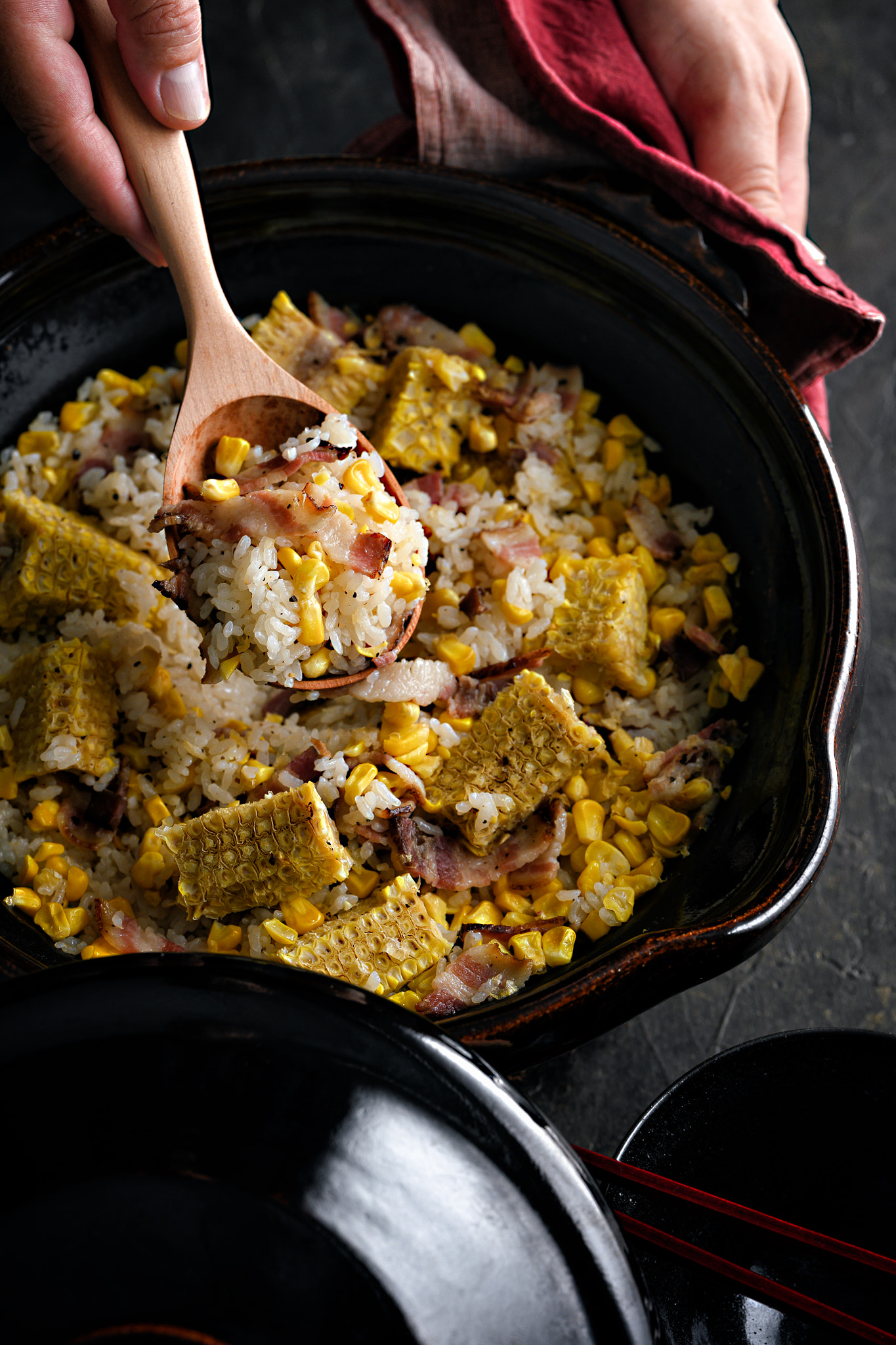 Japanese clay pot,corn and bacon cooked rice