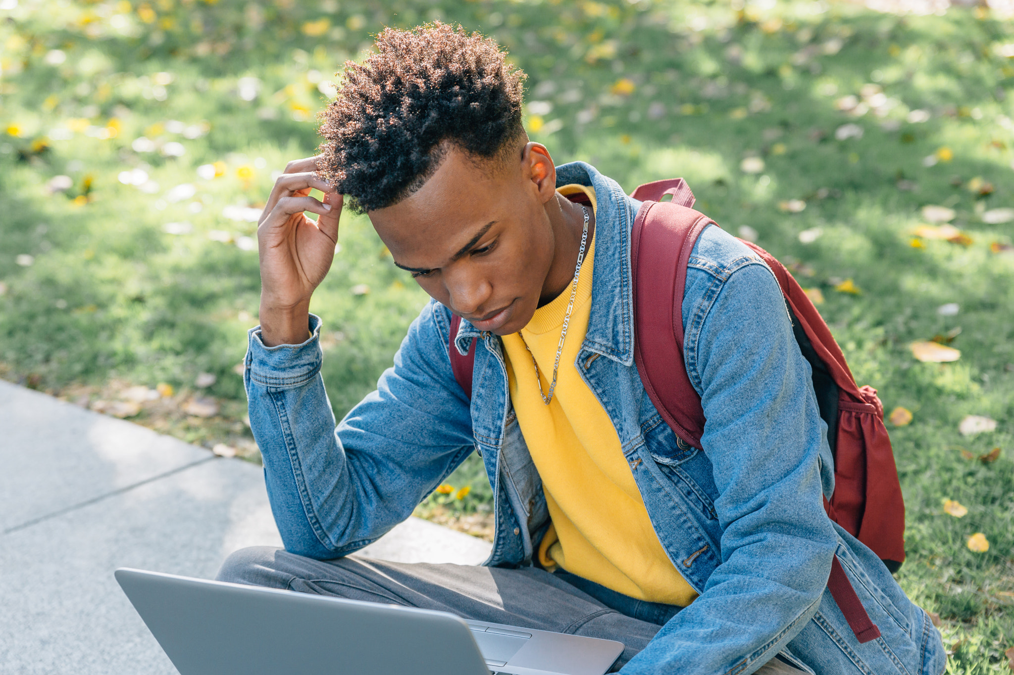 Afro styled young man looks worriedly at his computer in a park