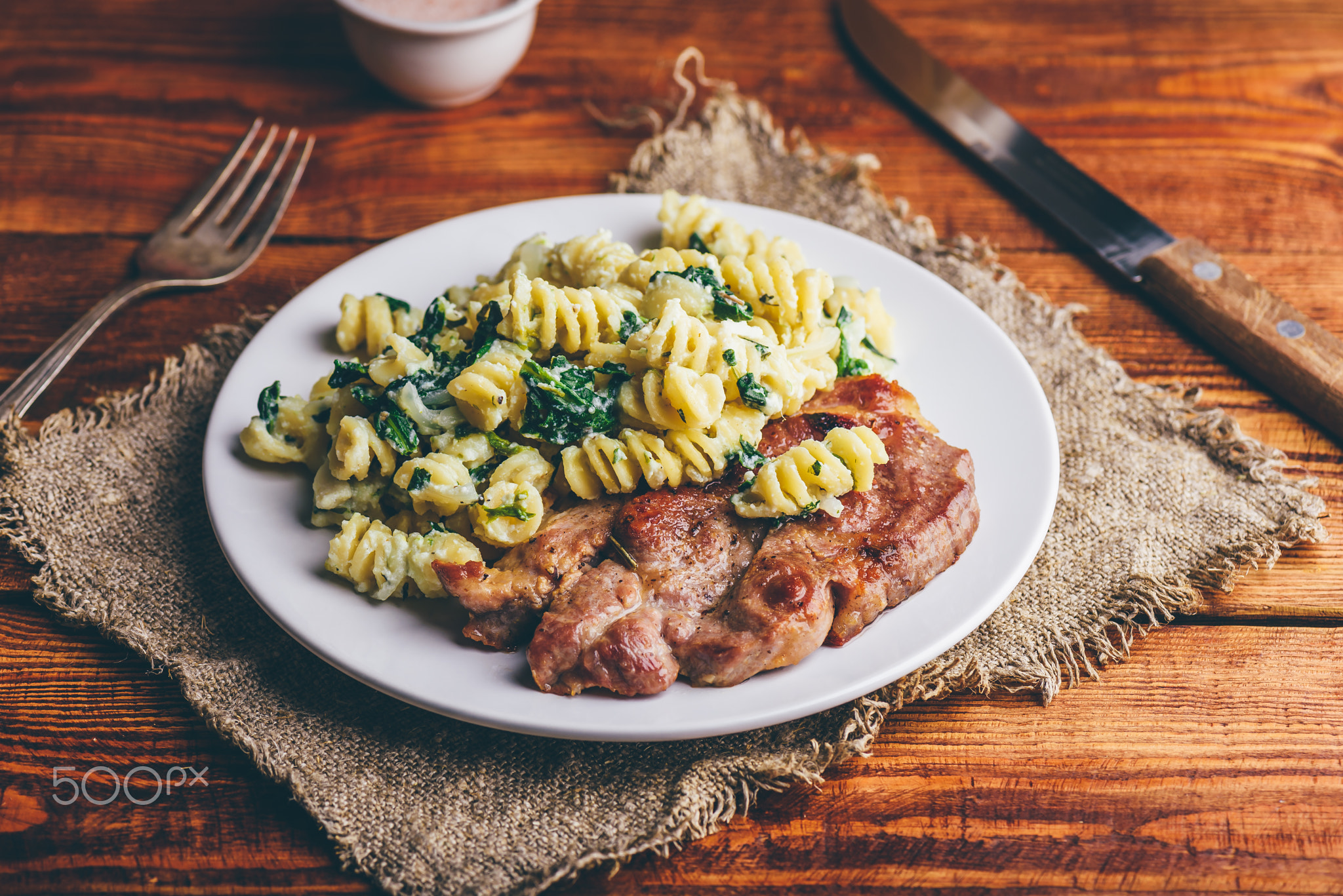 Pork Steak and Creamy Pasta with Spinach