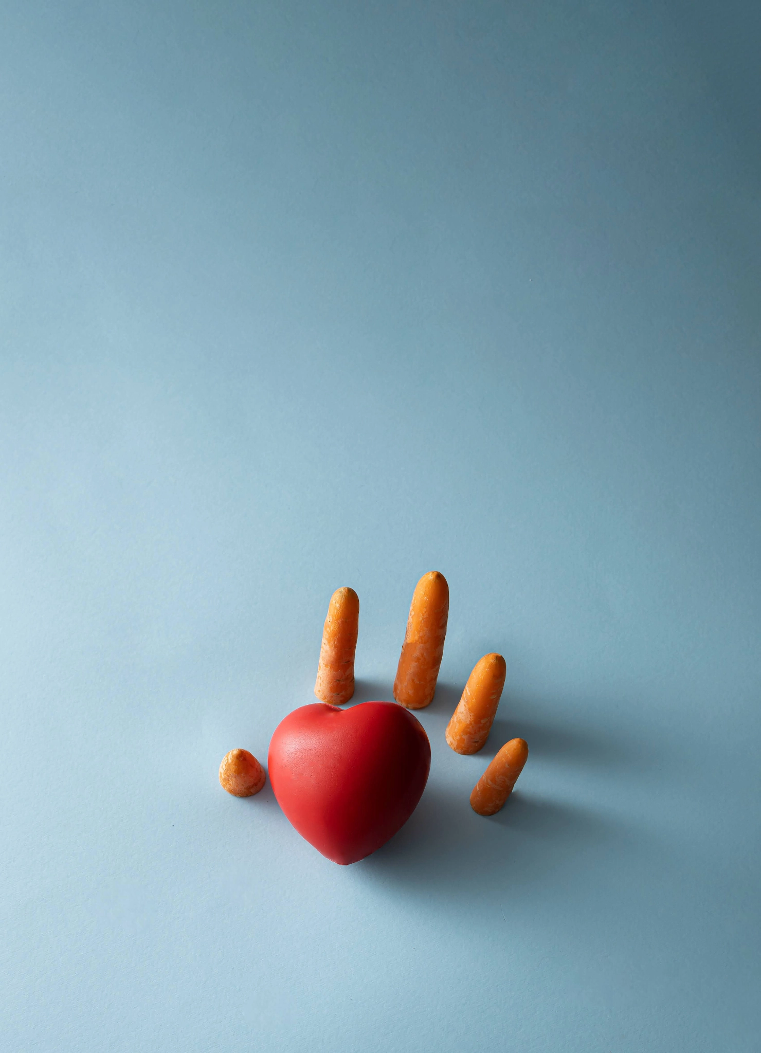 A human hand made of fresh carrots catching red heart.