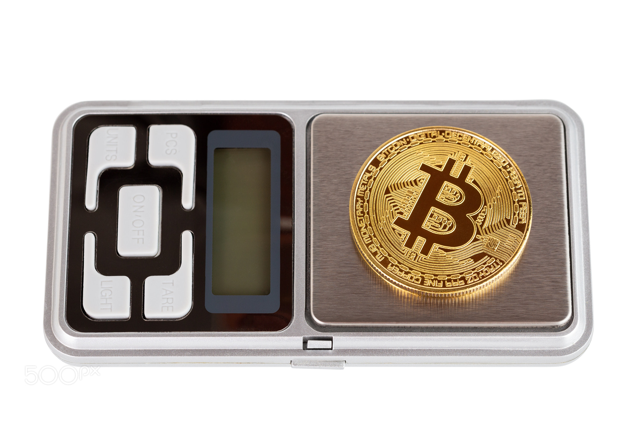 A bitcoin shiner on electronic pocket weight isolated on white