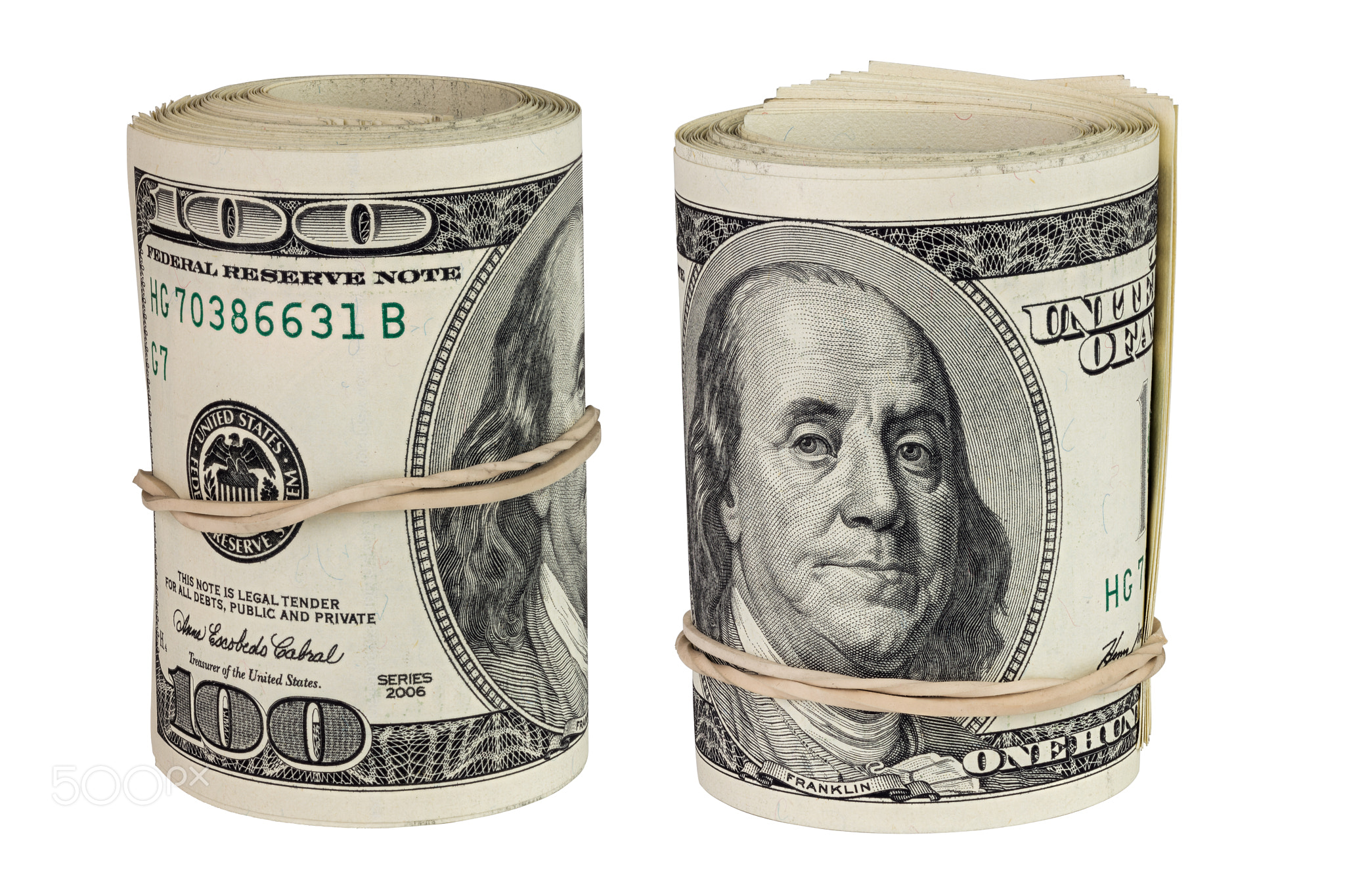set of two rolls of hundred us dollars standing up and isolated on