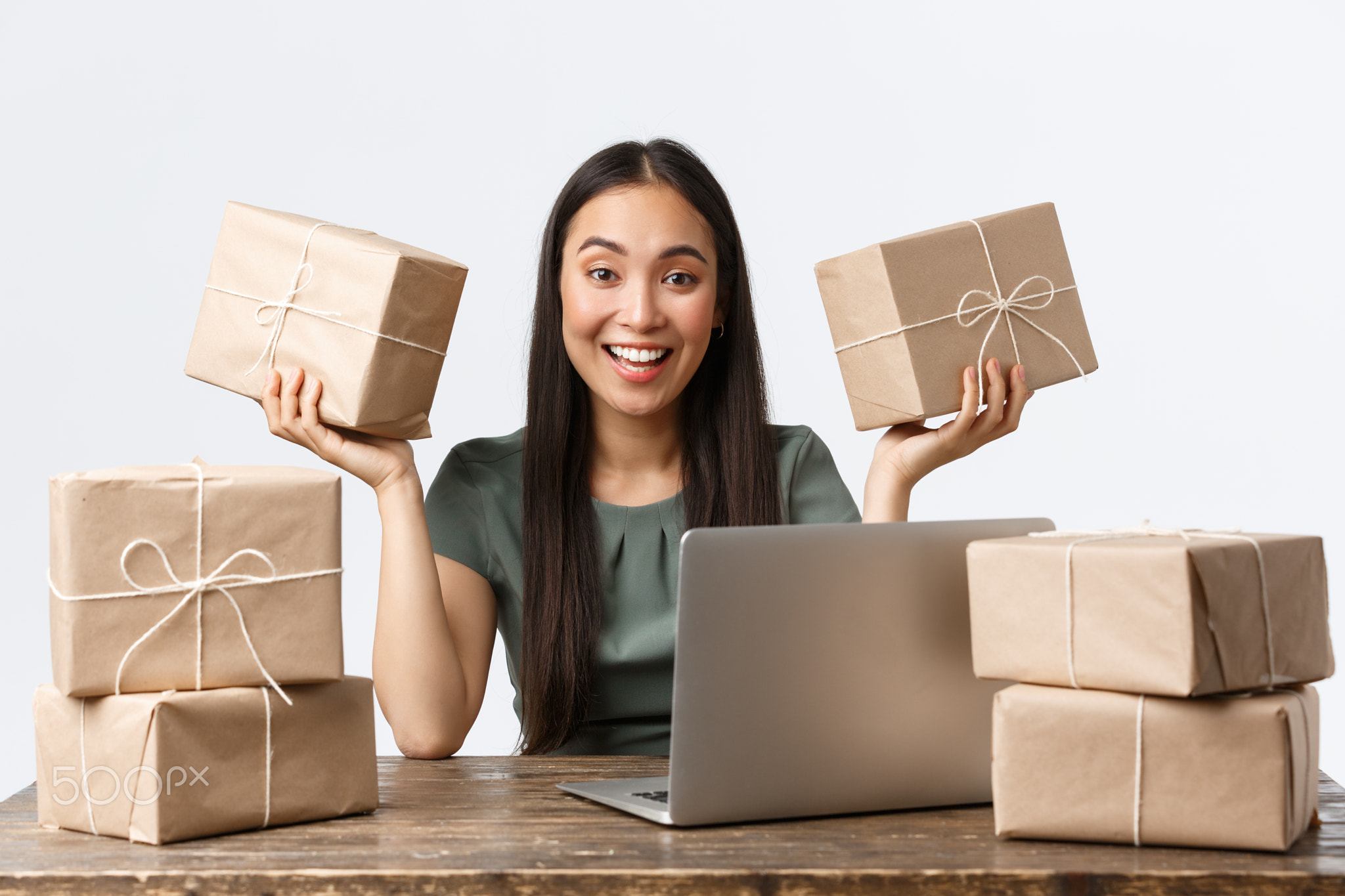 Small business owners, startup and e-commerce concept. Excited asian