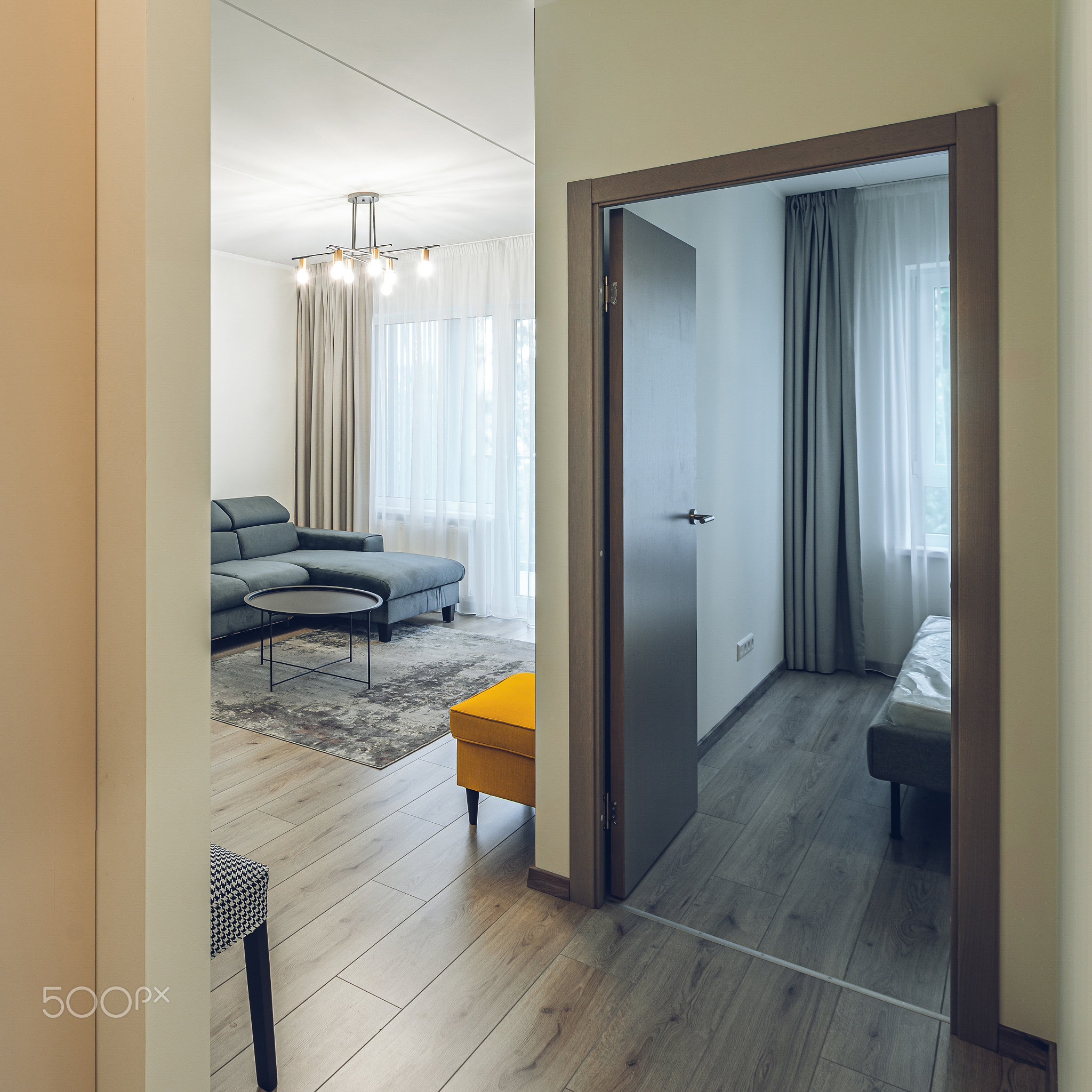 Modern light interior of living room in sapartment. Closed door.