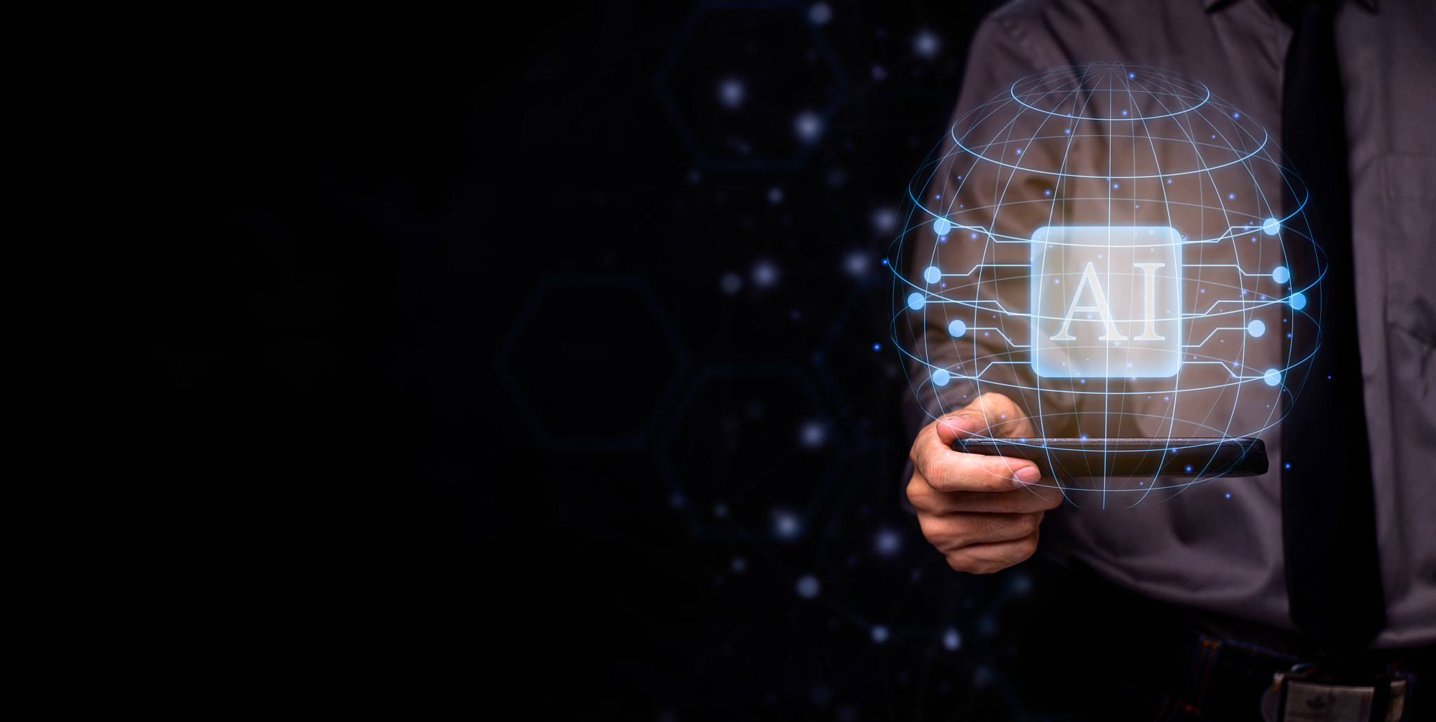 Businessman with symbols using AI on smartphones