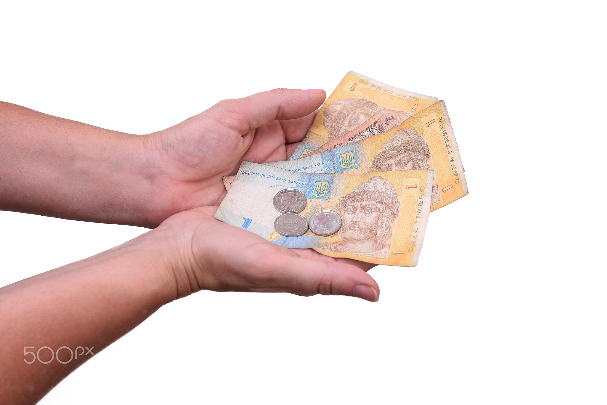 UAH hryvnia, paper banknotes and metal coins. isolated on a white