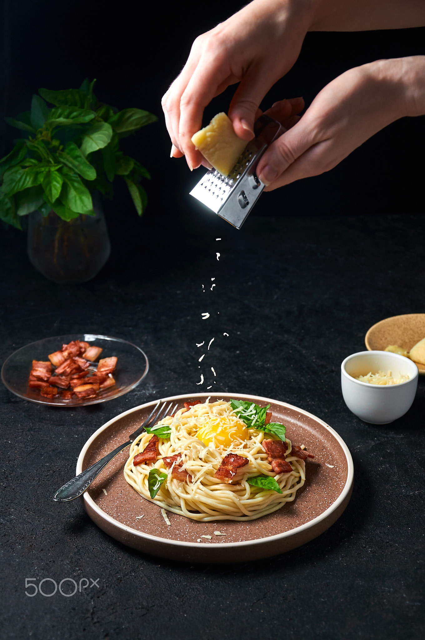 Traditional Italian Pasta Carbonara Sprinkled Cheese on Plate