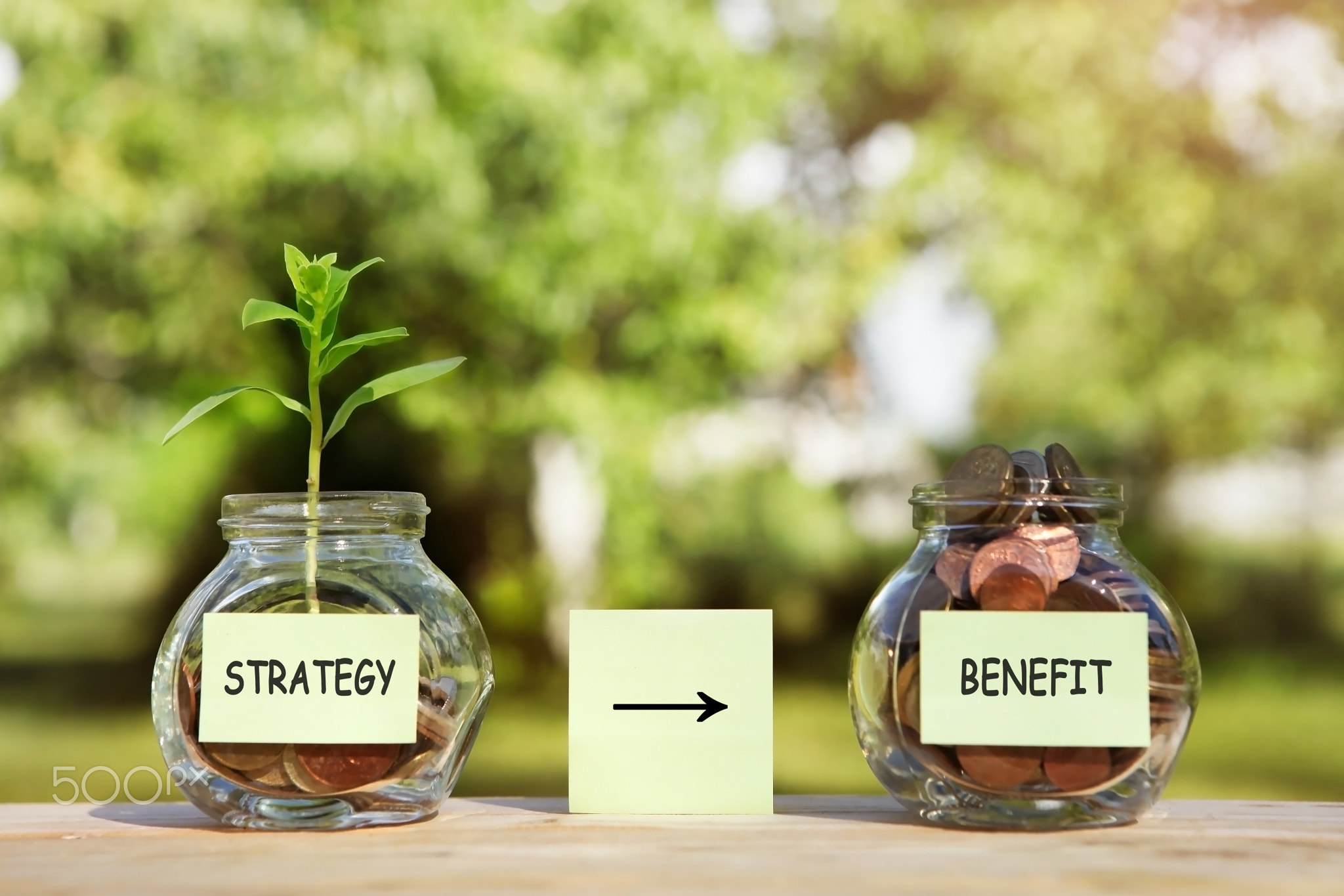 Strategy, benefit - sticker on a glass jars.