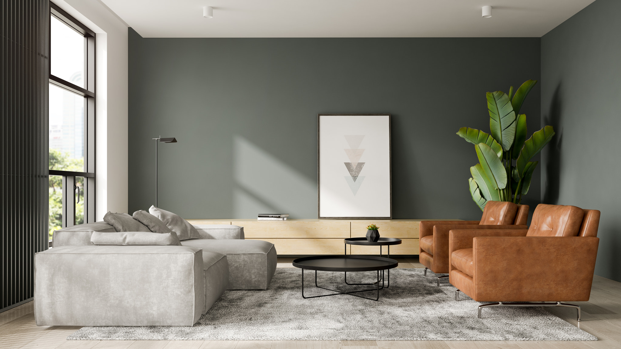 Minimalist Interior of modern living room 3D rendering