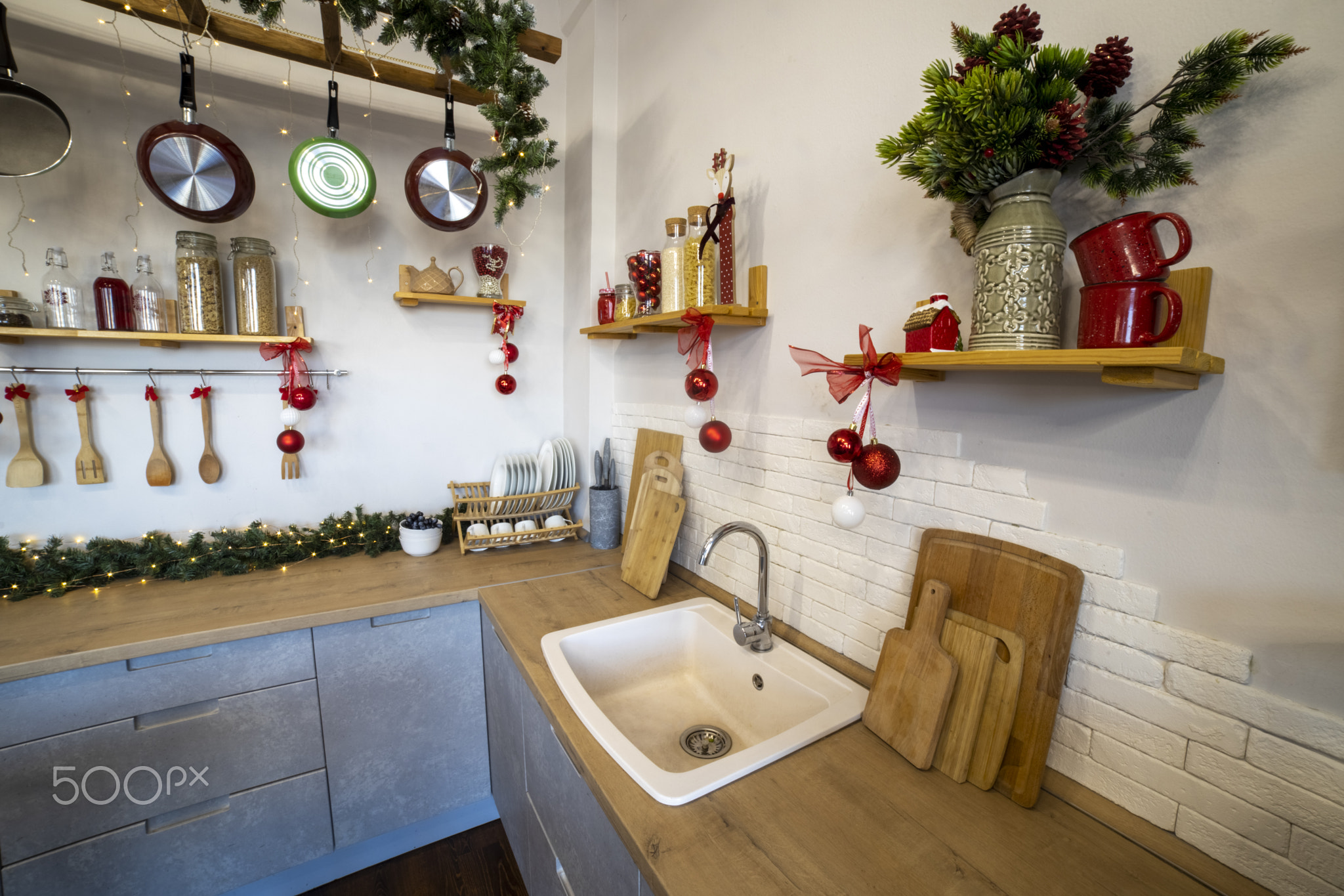 close-up of a cozy modern kitchen for a large family, decorated for