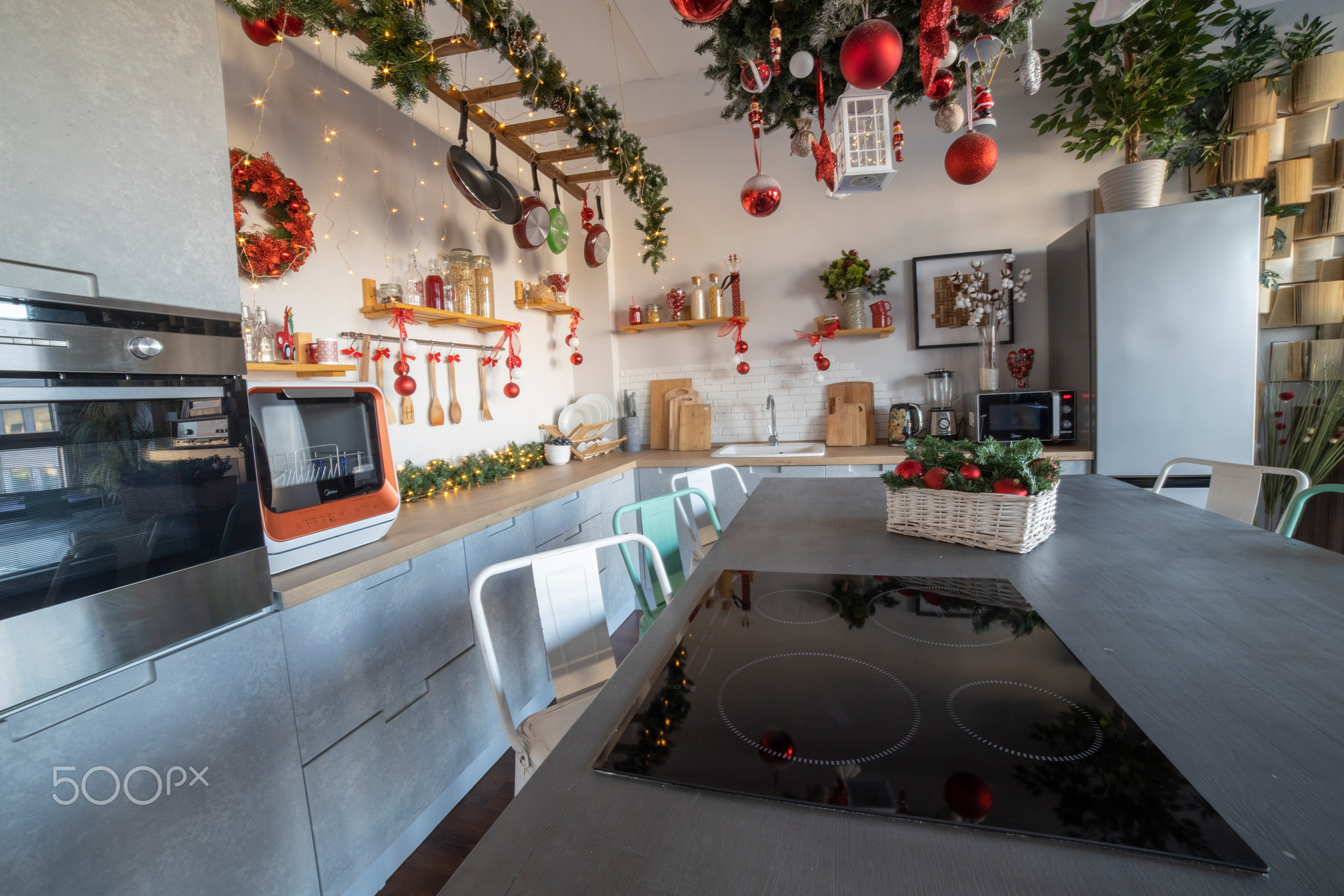 close-up of a cozy modern kitchen for a large family, decorated for