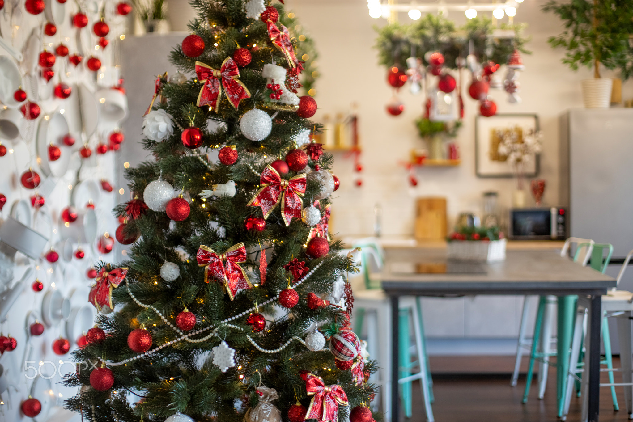 beautiful home interior of kitchen decoreted for christmas celebration