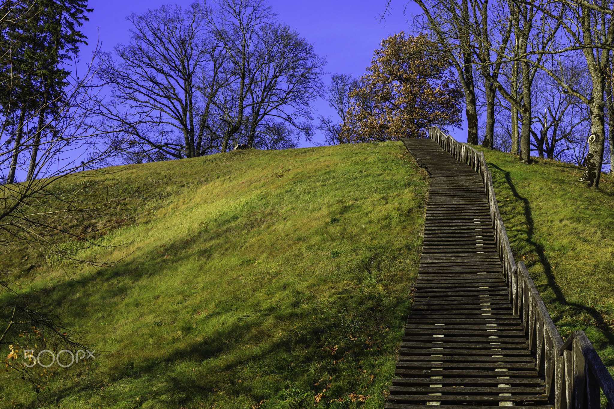 a wooden staircase with leaning weathered steps and a railing rises to