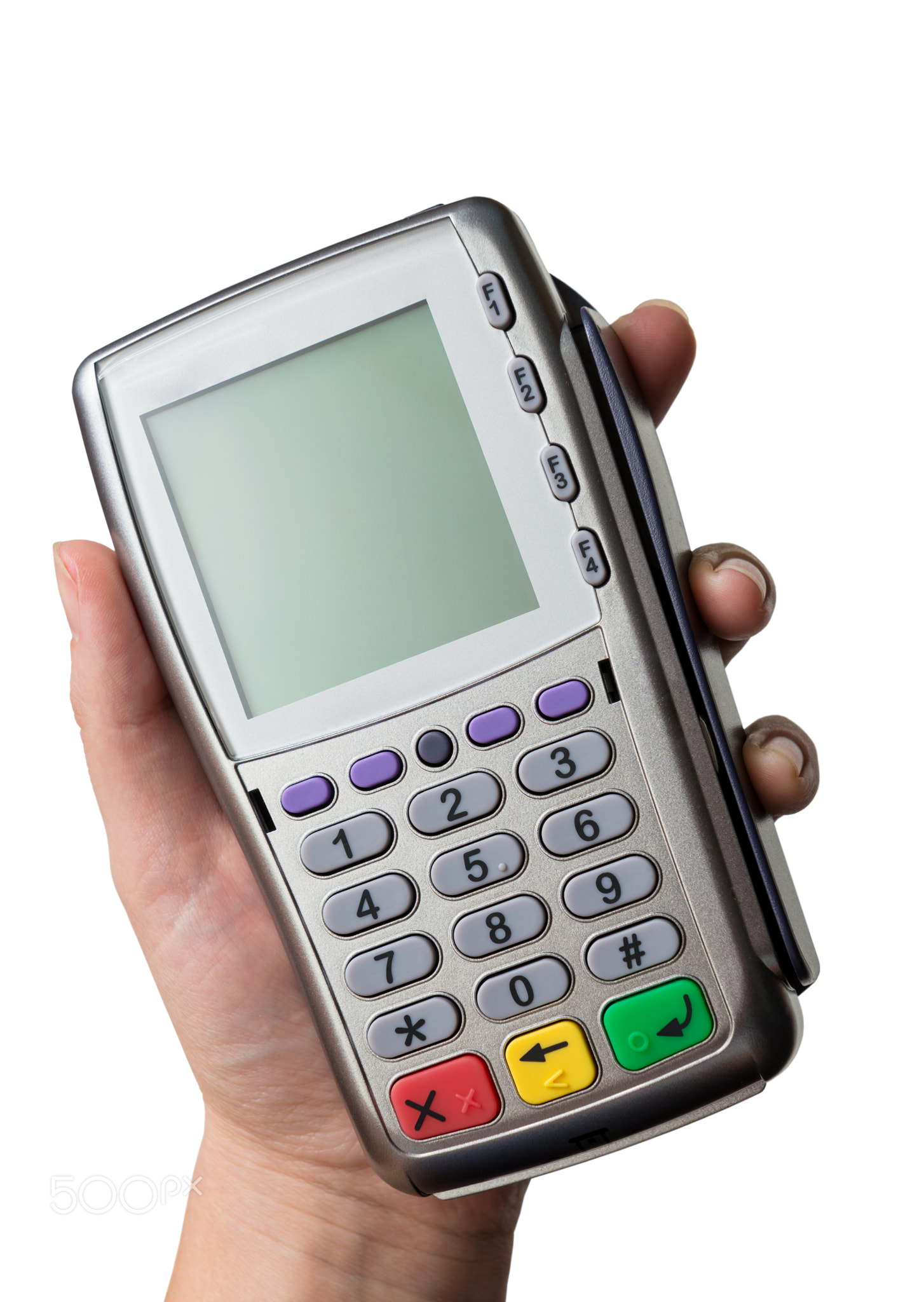 Modern bank terminal in a hand on white