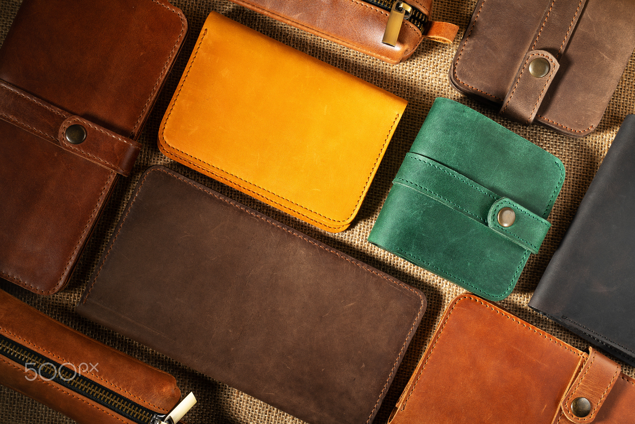 Multicolored handmade products made of genuine leather.