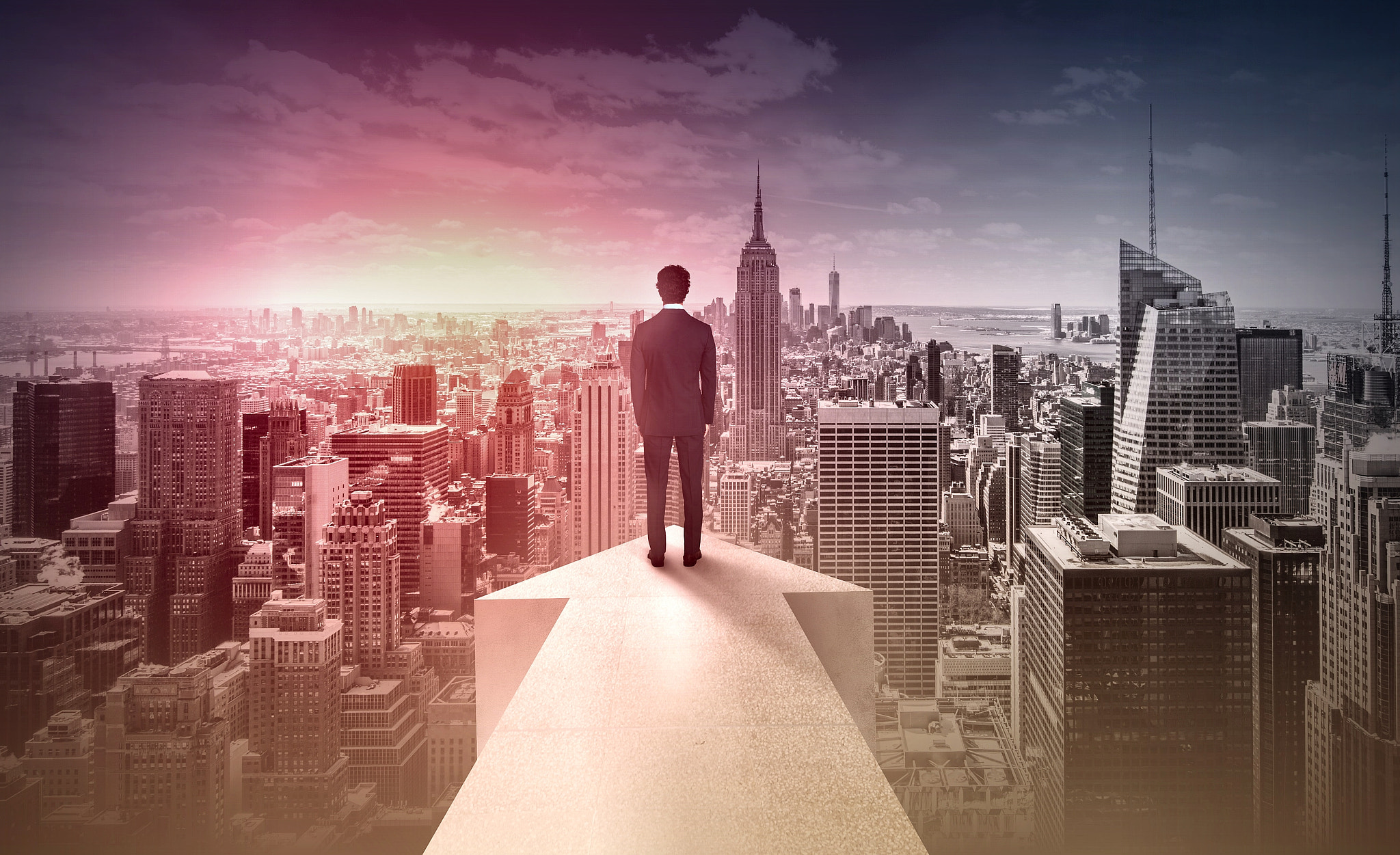 Businessman On Arrow Over Manhattan - New York - Success and Achievement Concept