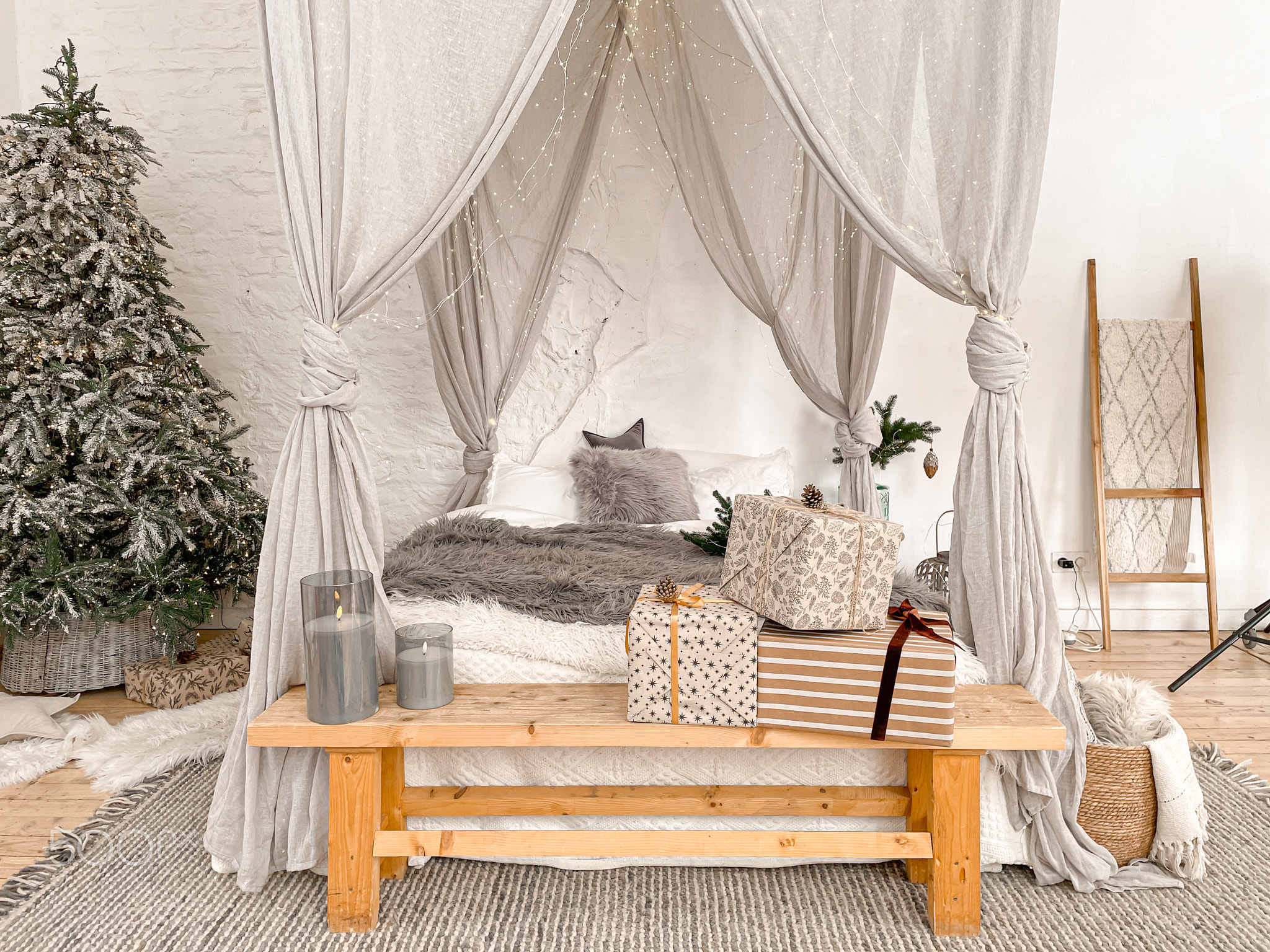 Christmas stylish morning bedroom with fir tree