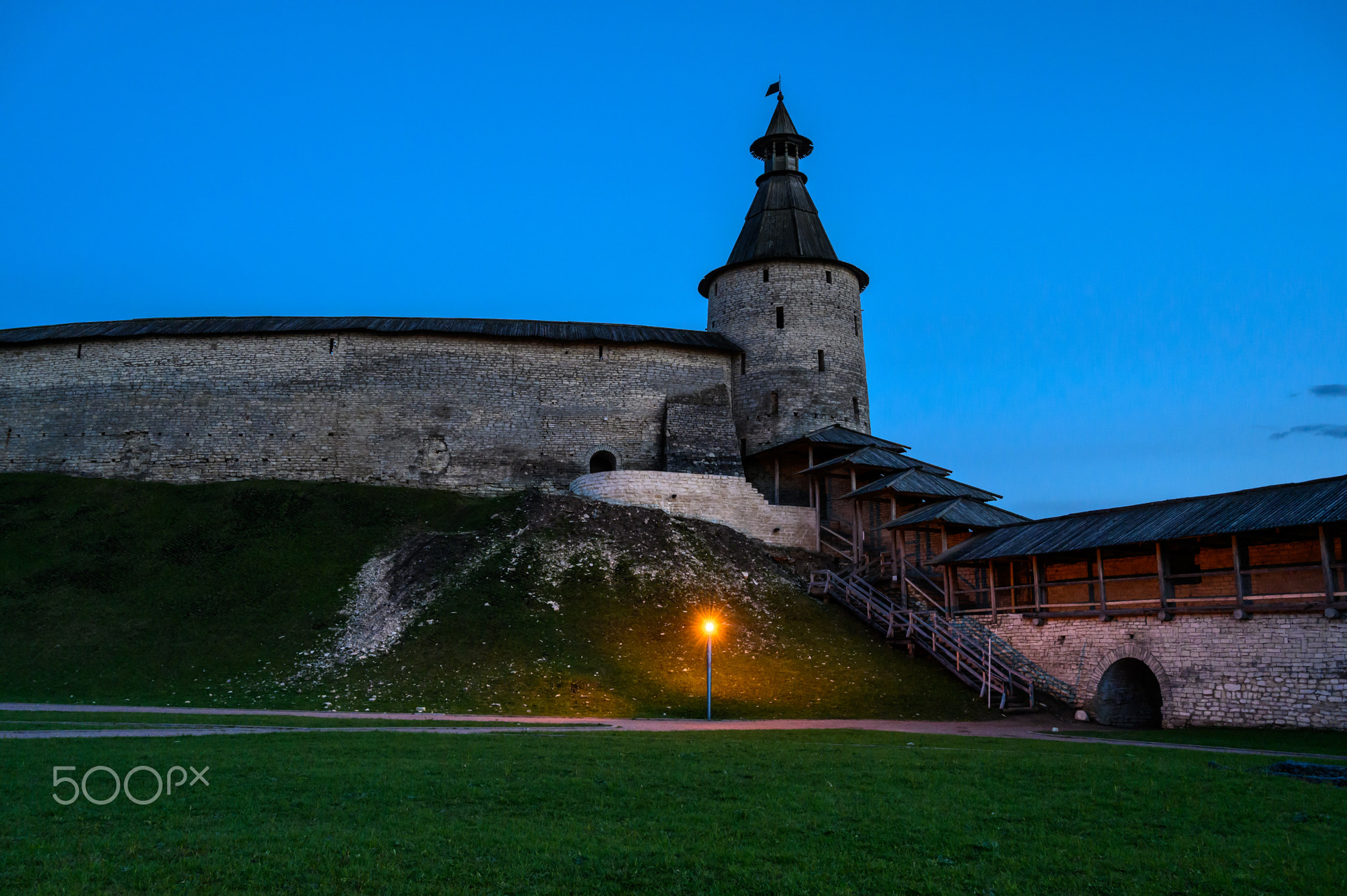 kremlin towers. Pskov, fortress wall. A beautiful evening.