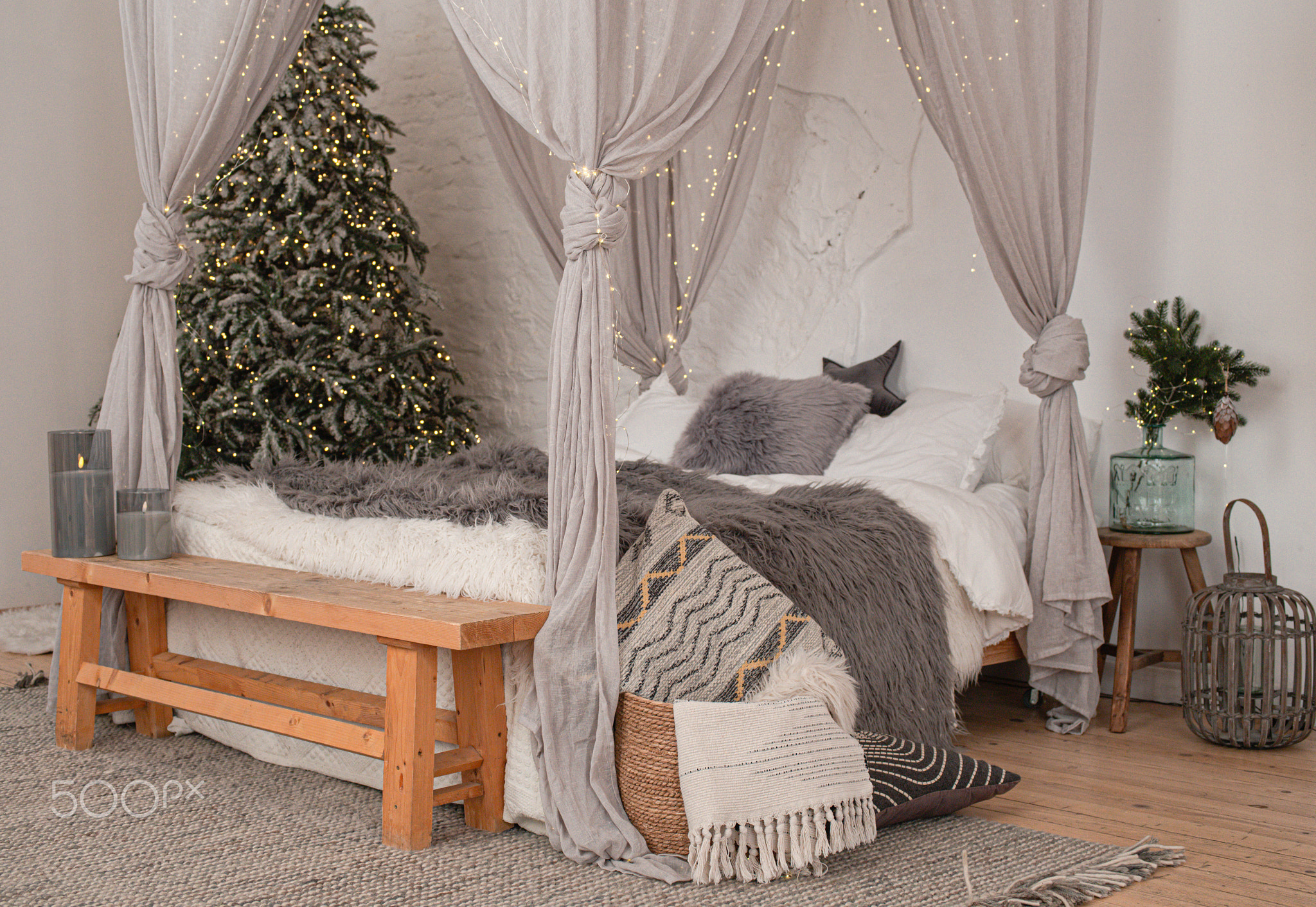 Christmas stylish morning bedroom with fir tree