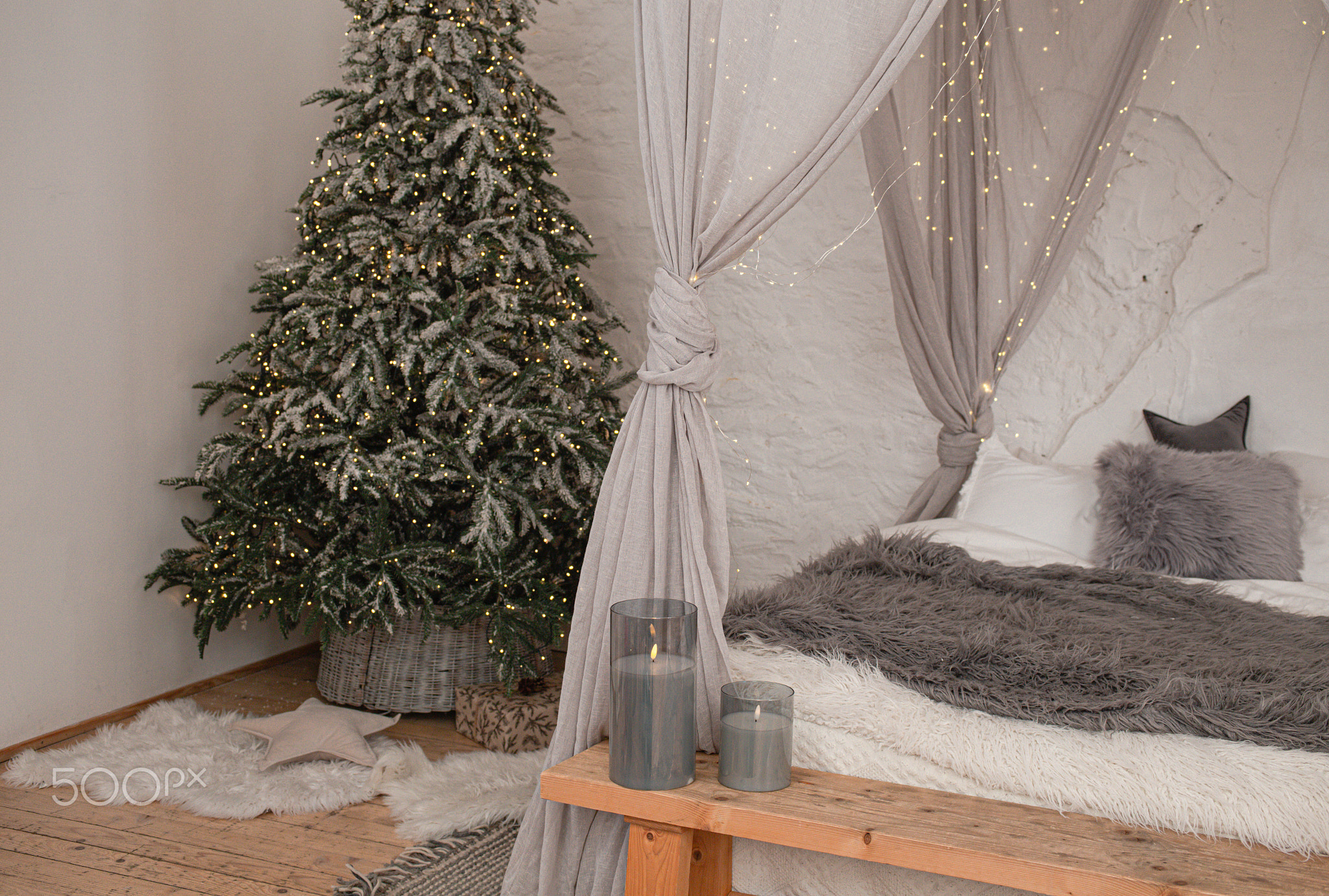 Christmas stylish morning bedroom with fir tree