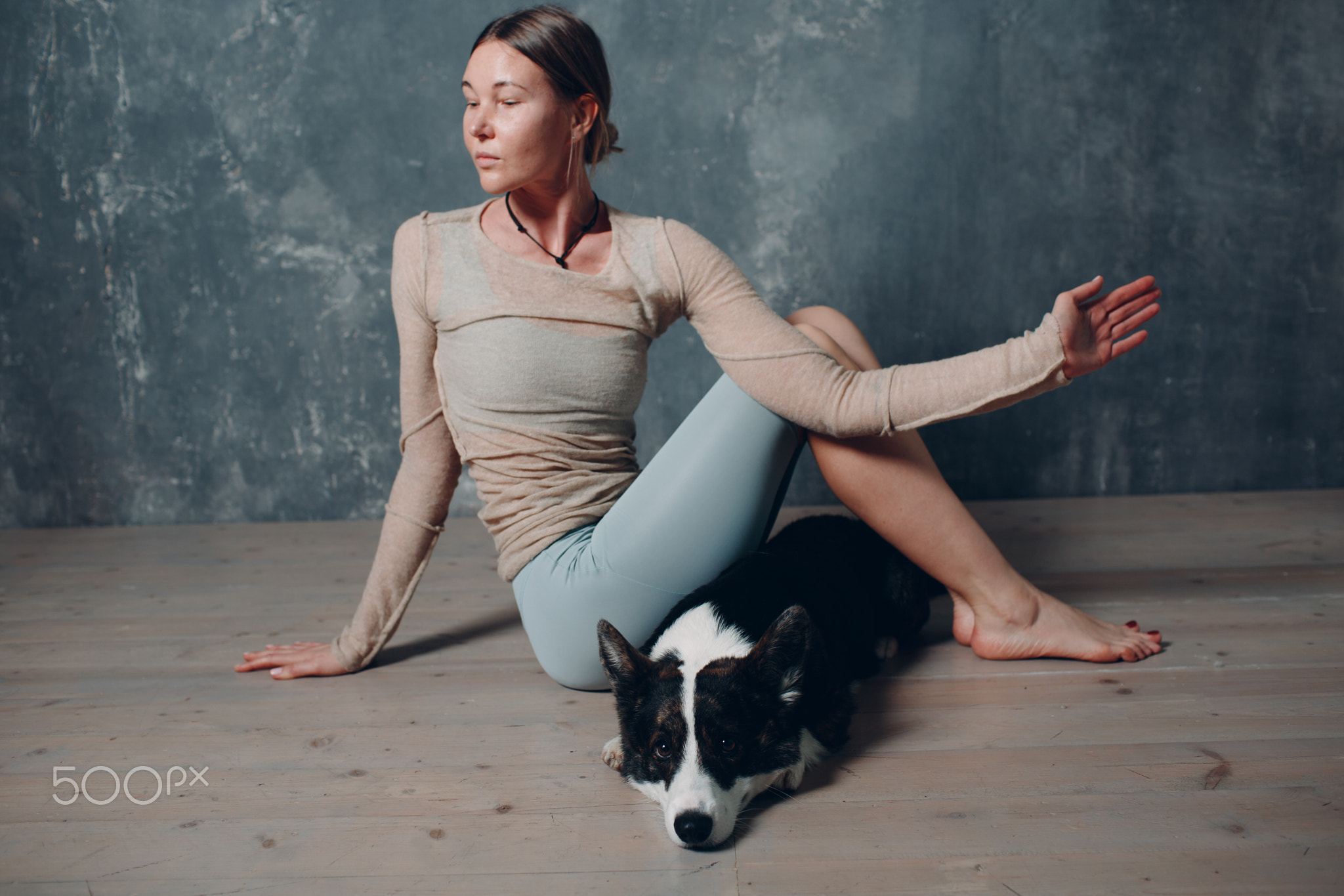 Adult mature woman doing yoga at home in living room with corgi dog