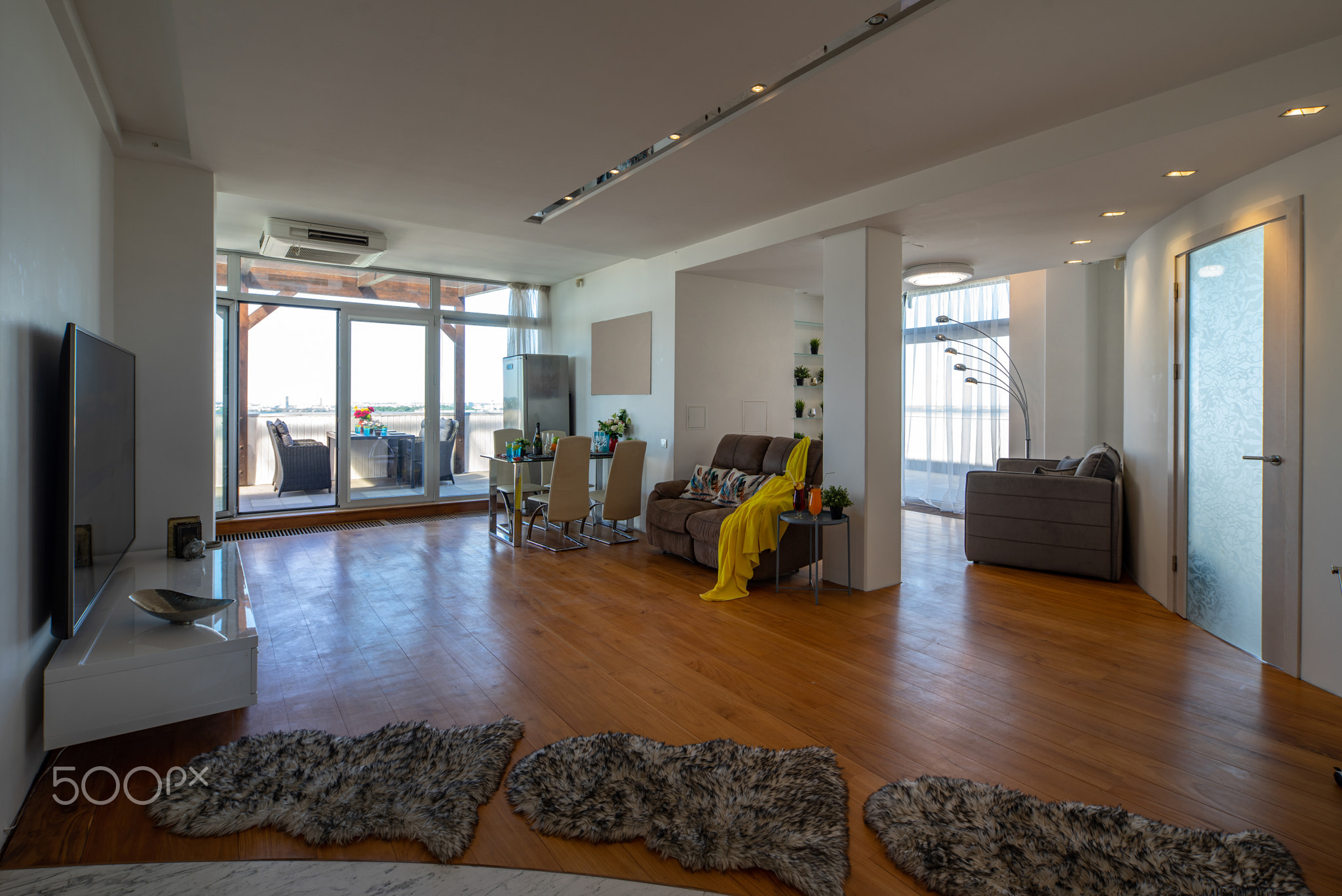 Modern studio apartment interior. Luxury flat. Living room. Furniture.