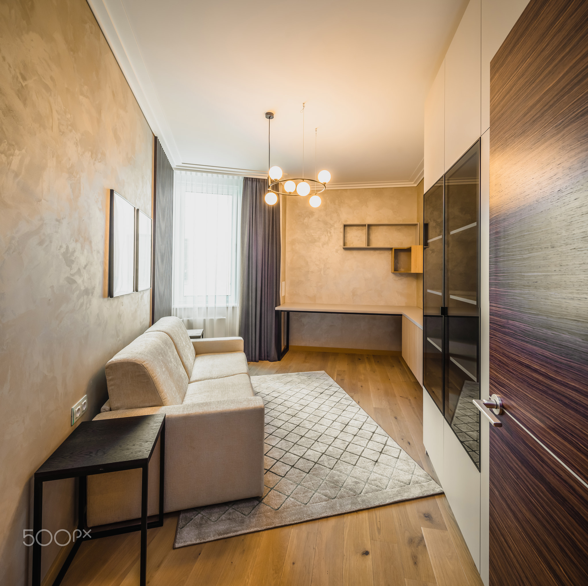 Modern interior. Living room with furniture. Brown colors.