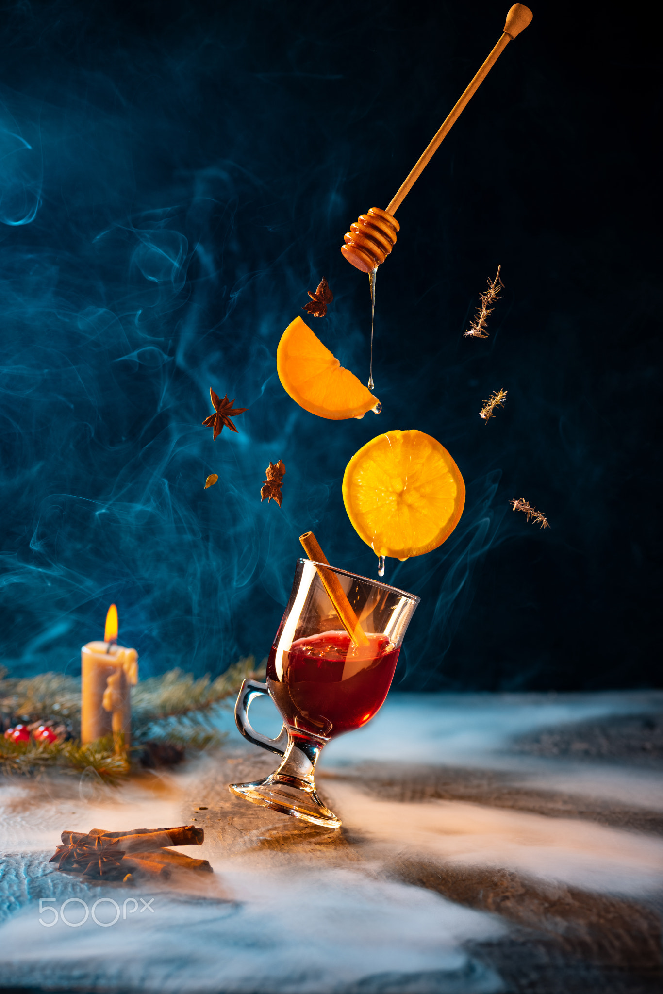 Greeting card design. Cup of hot mulled wine with cinnamon stick and