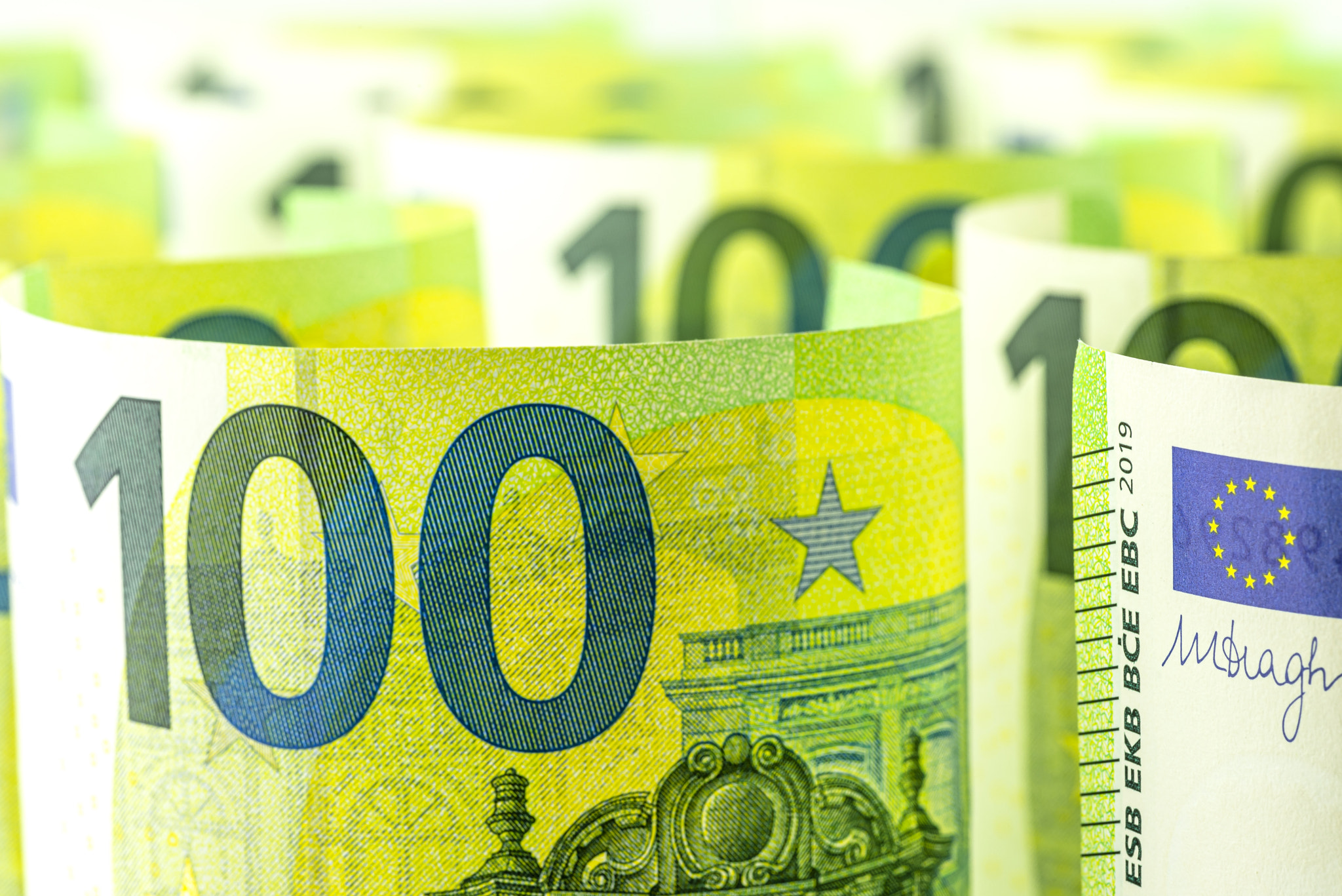 Macro photo of the European Union 100 EURO banknote.