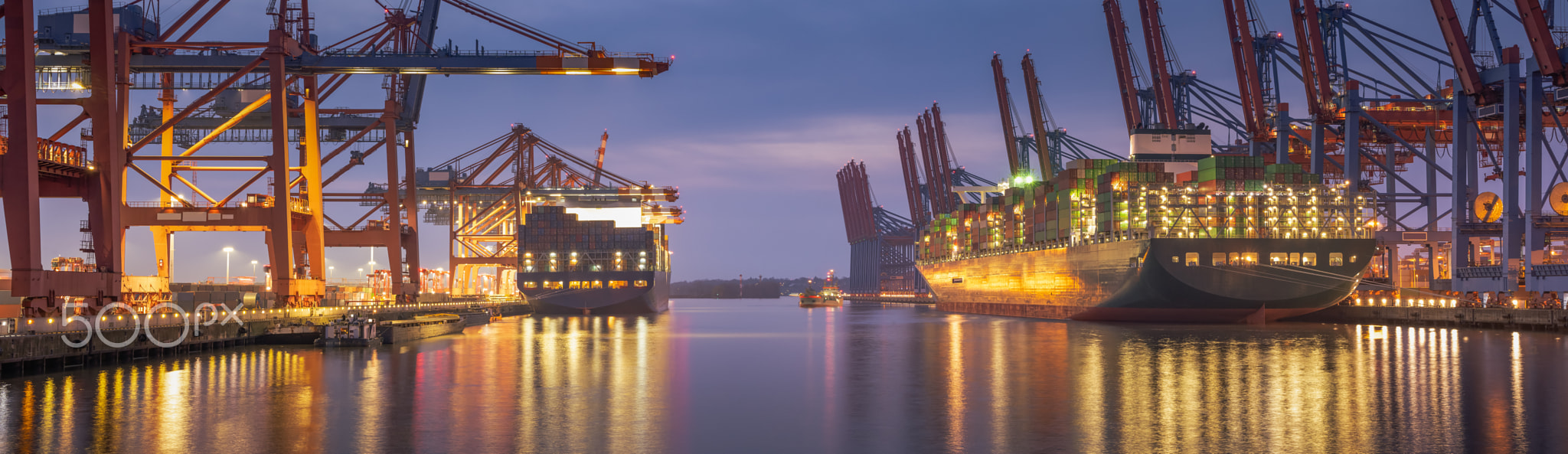 Container terminal in the evening in hamburg harbor