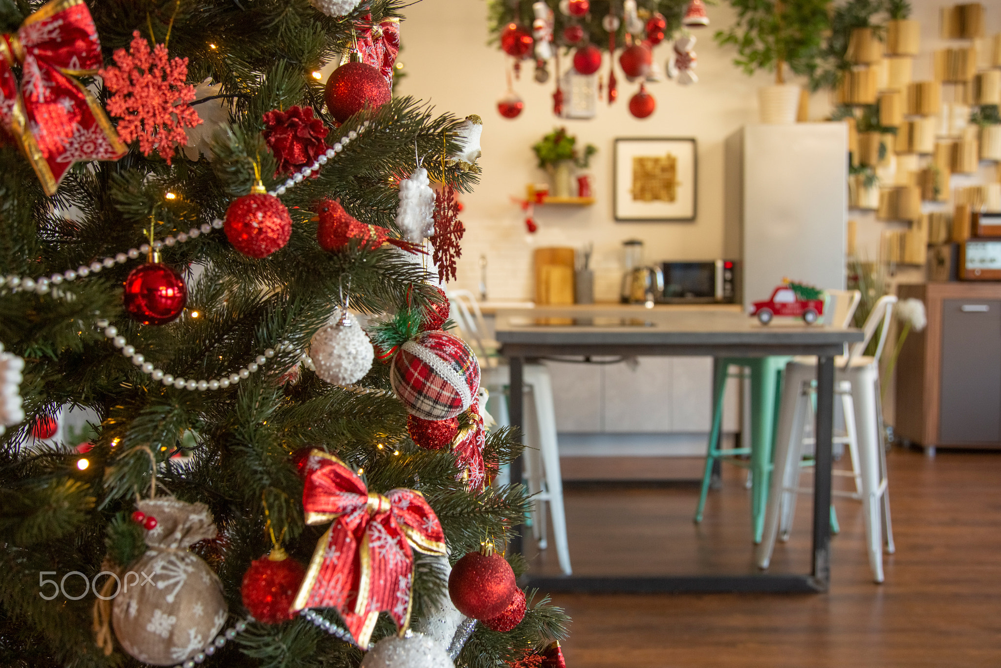 beautiful home interior of kitchen decoreted for christmas celebration