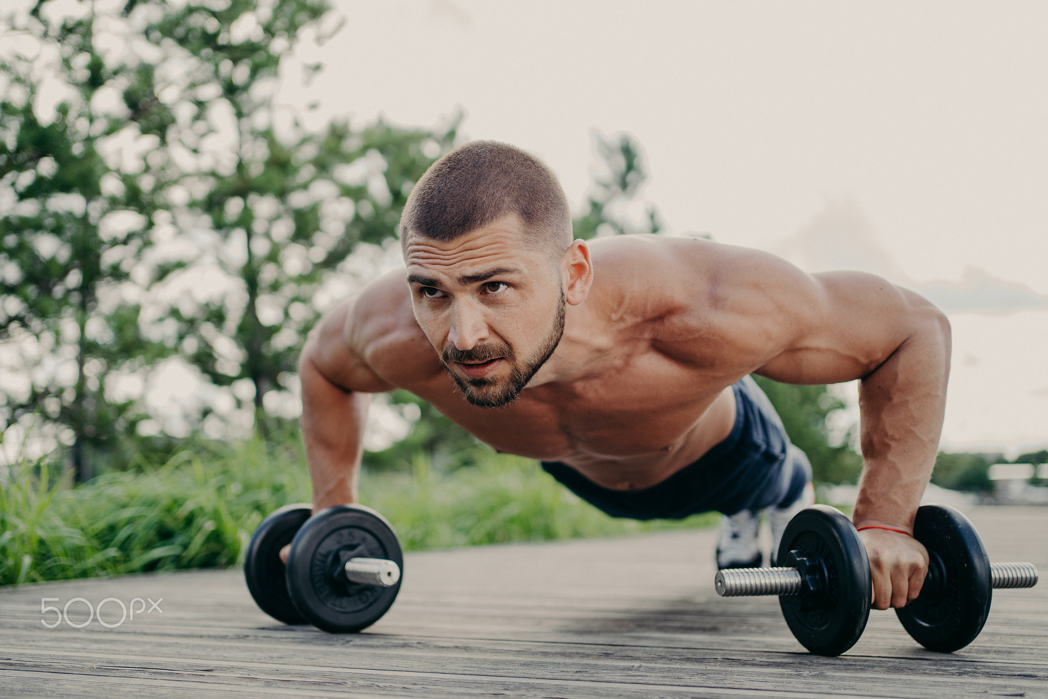 Motivated sportsman stands in plank pose, trains muscles with barbells