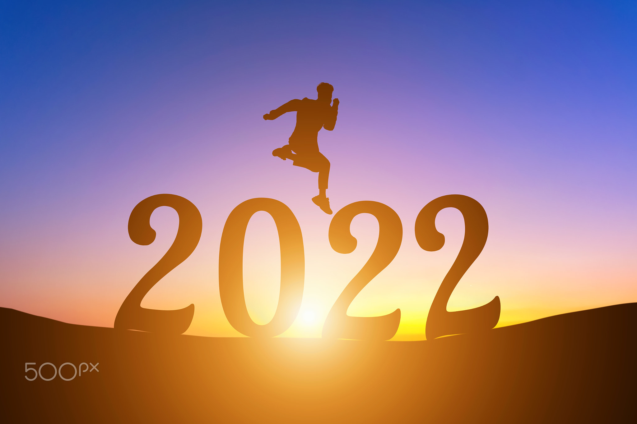 Happy New Year Numbers 2022, Silhouette a man handsome jumping