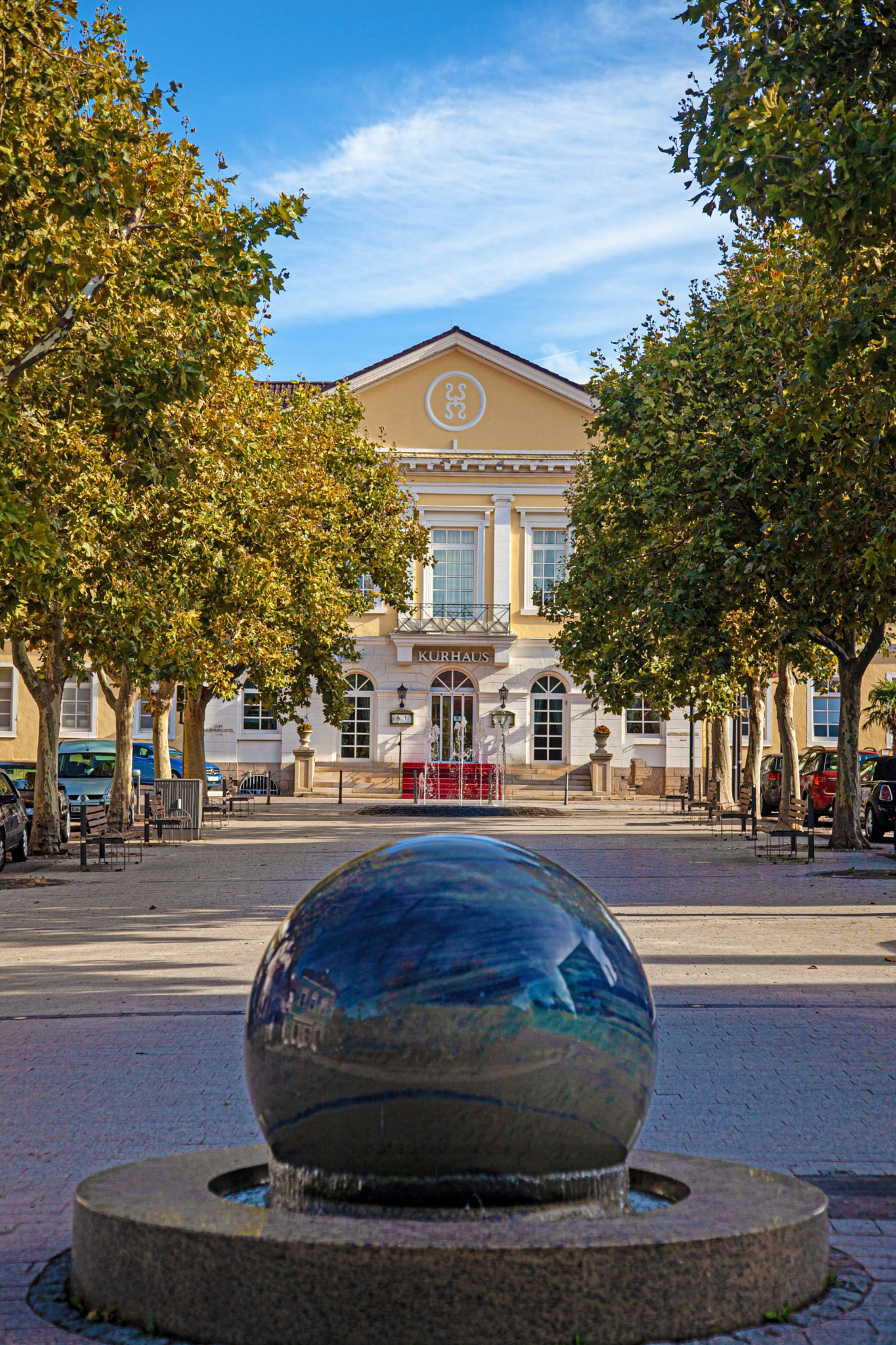 View of the entrance to the cure house in Bad Duerkheim with fountain