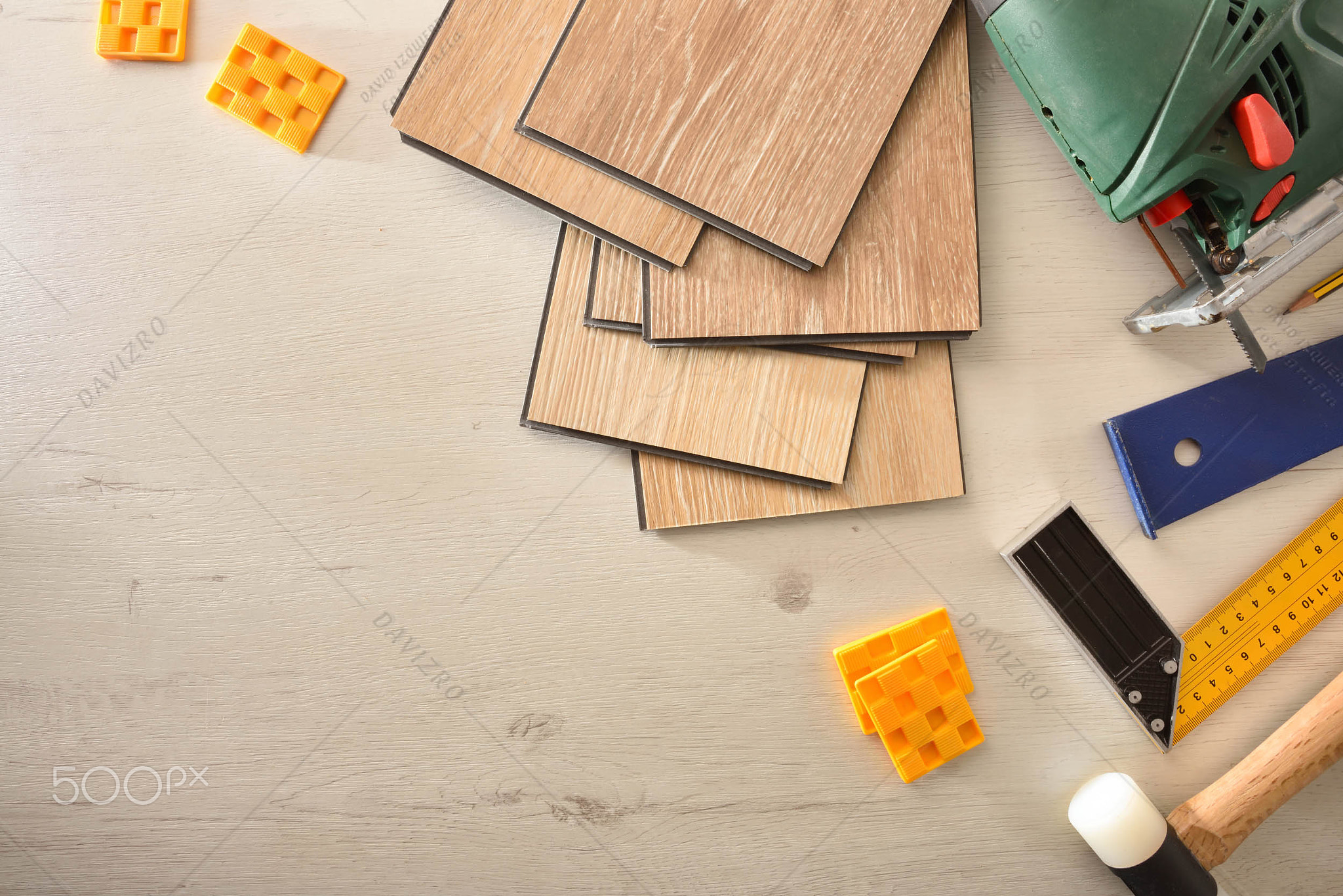 Background parquet slats and tools for DIY on table top