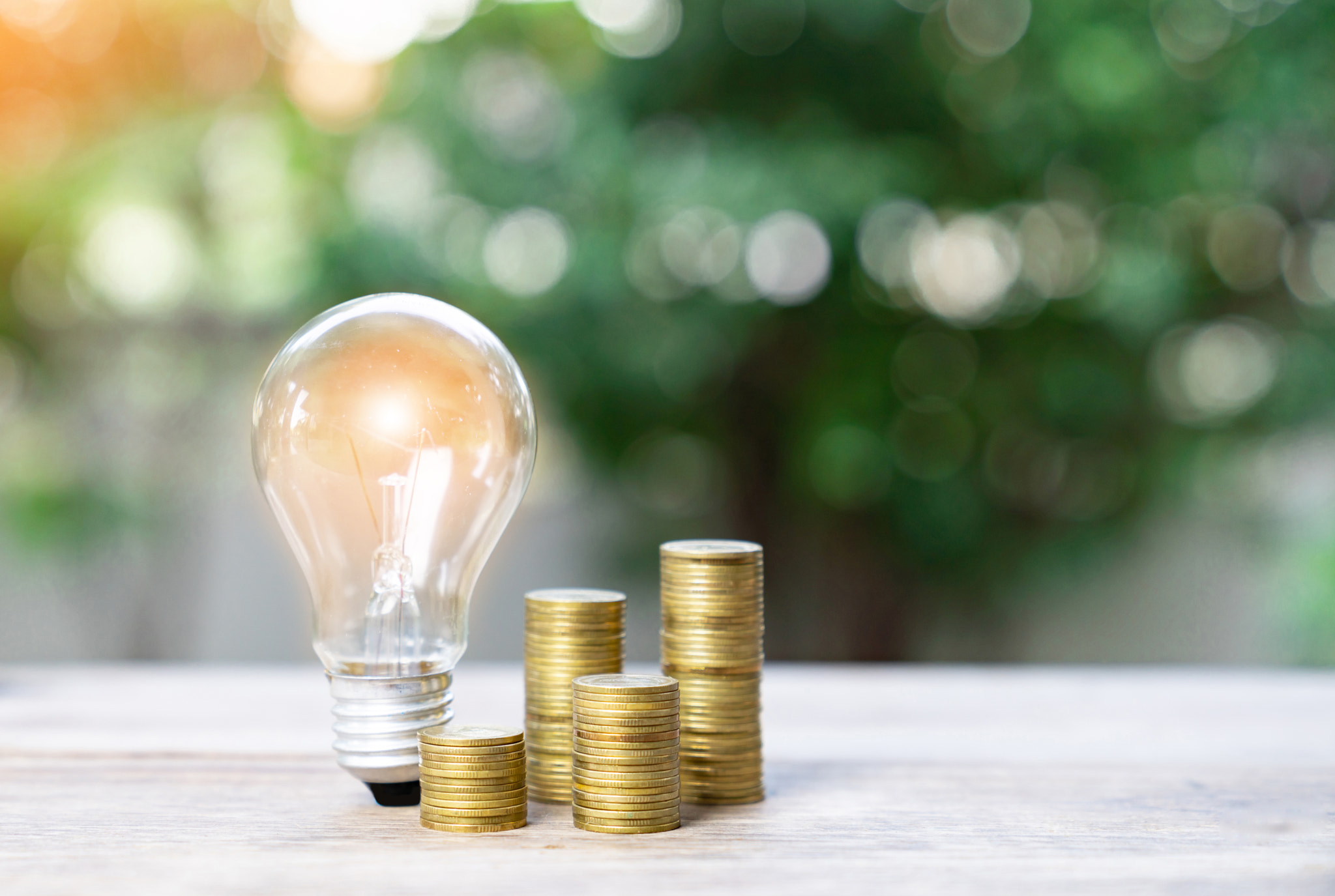 Light bulb and coins stack on out of focus plant background.