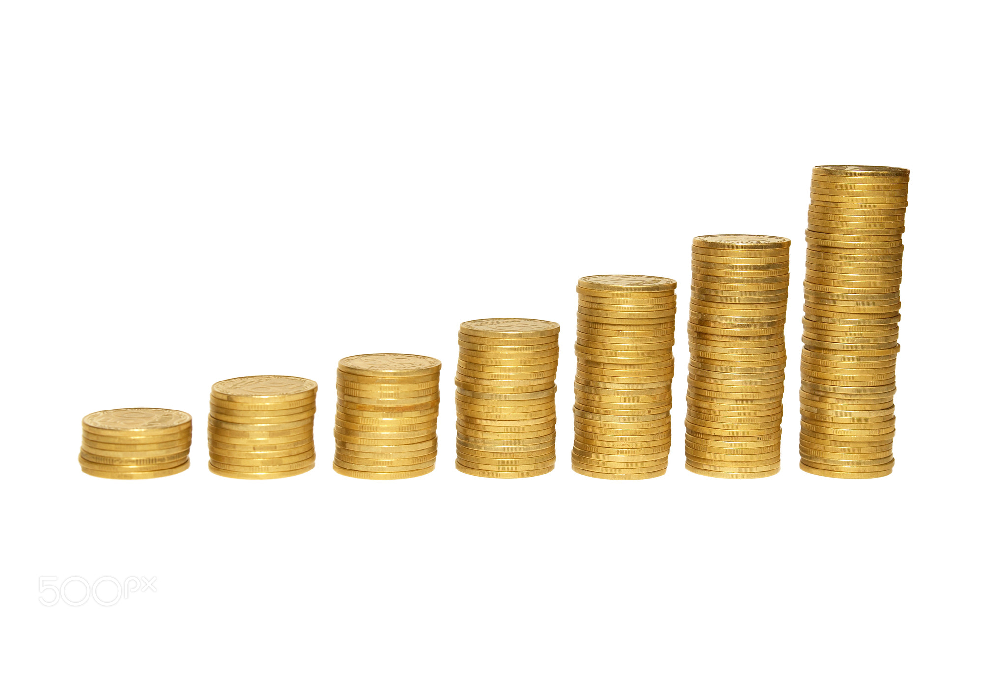 Stair to wealth of golden coins isolated on white.