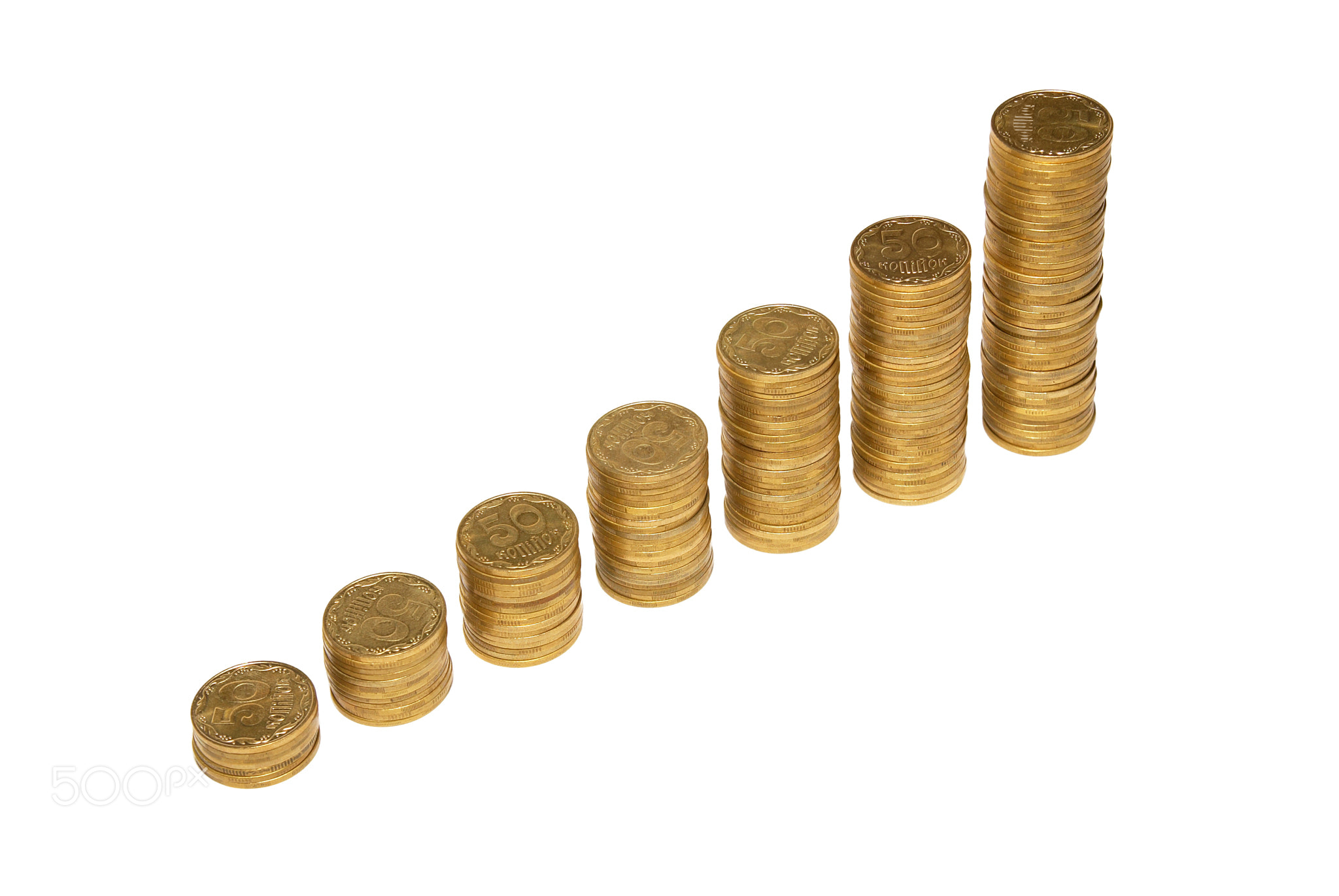 Stair to wealth of golden coins isolated on white.