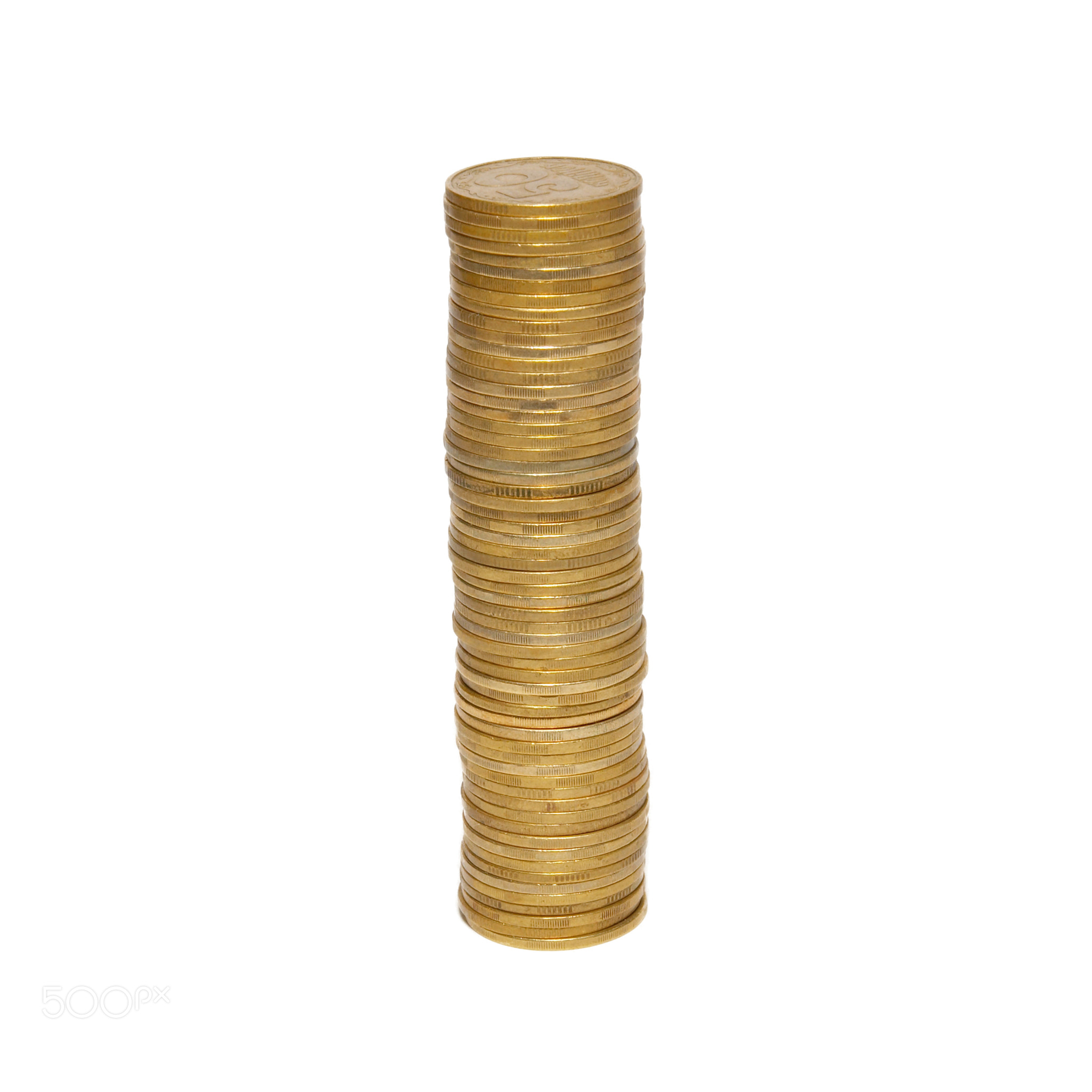 Stacks of golden coins isolated on white.