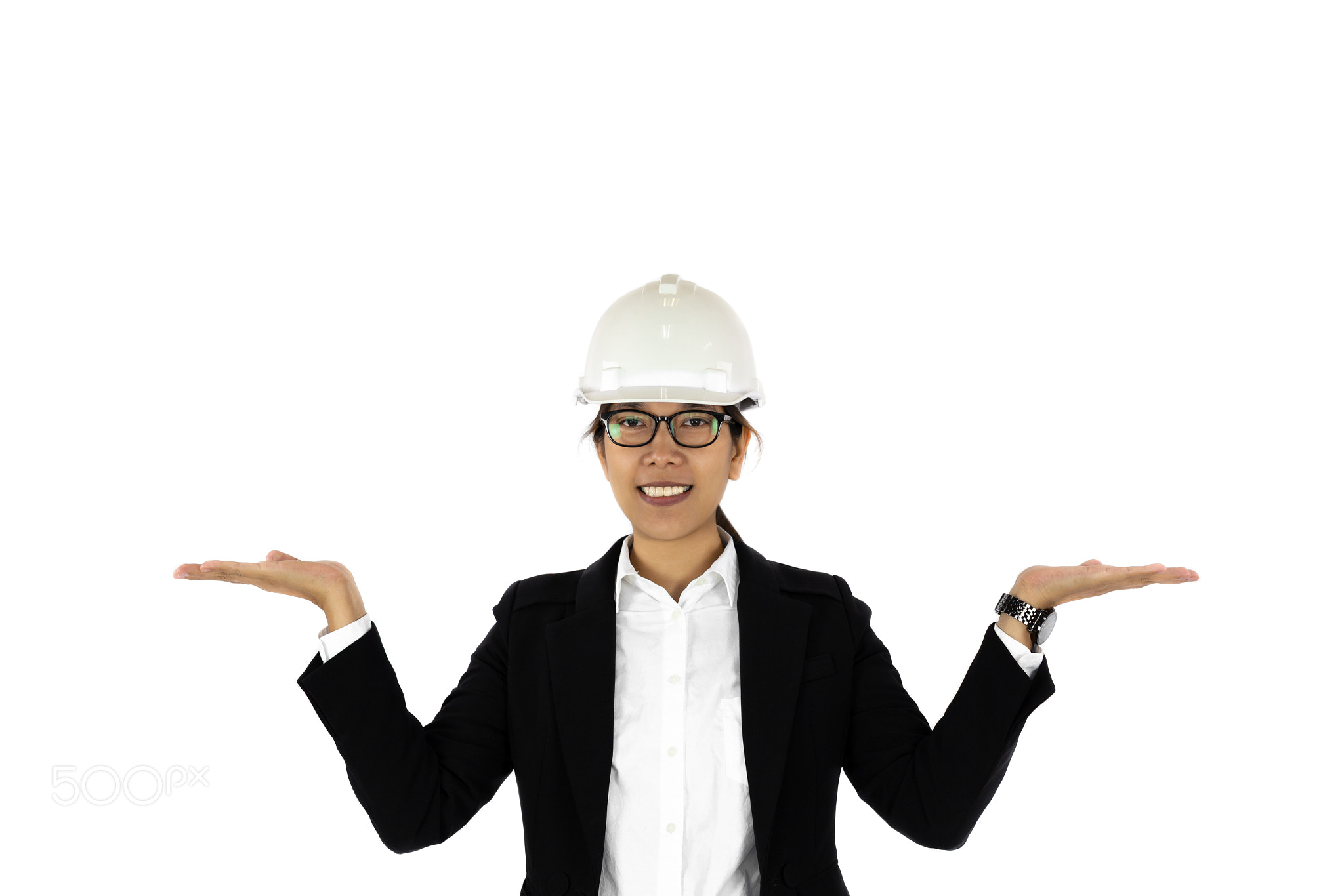 Construction Asian women wearing hardhat raising her hand up isolated.