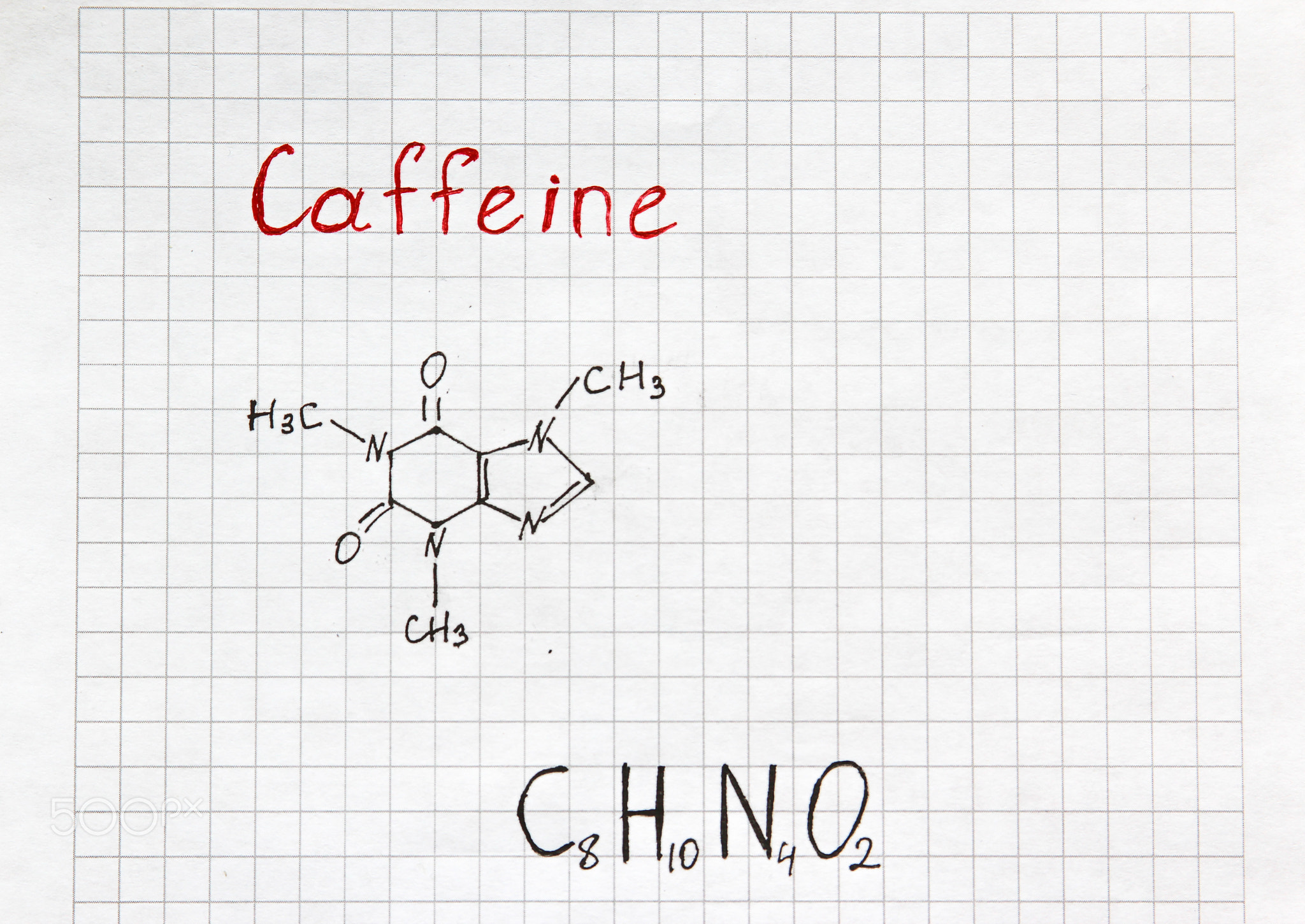 Chemical formula of Caffeine with some grains coffee. Close-up.