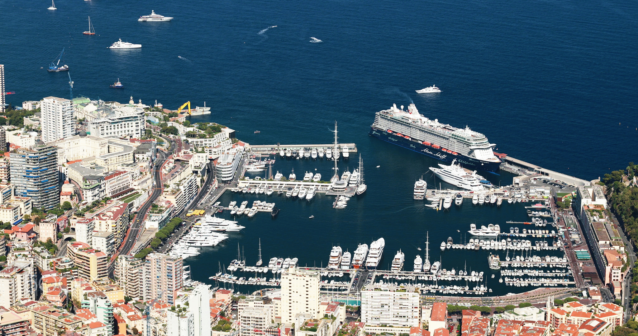 Aerial view of port Hercule of the Principality Monaco at sunny day